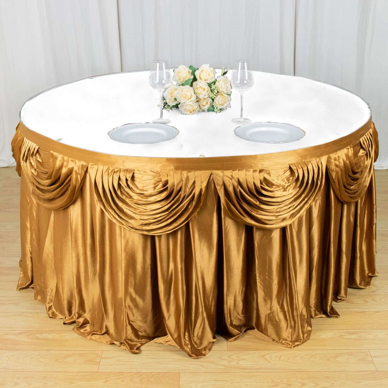 Satin Table Skirt 14ft Gold Pleated Double Drape Design - Soft & Stylish for Events - Image 5