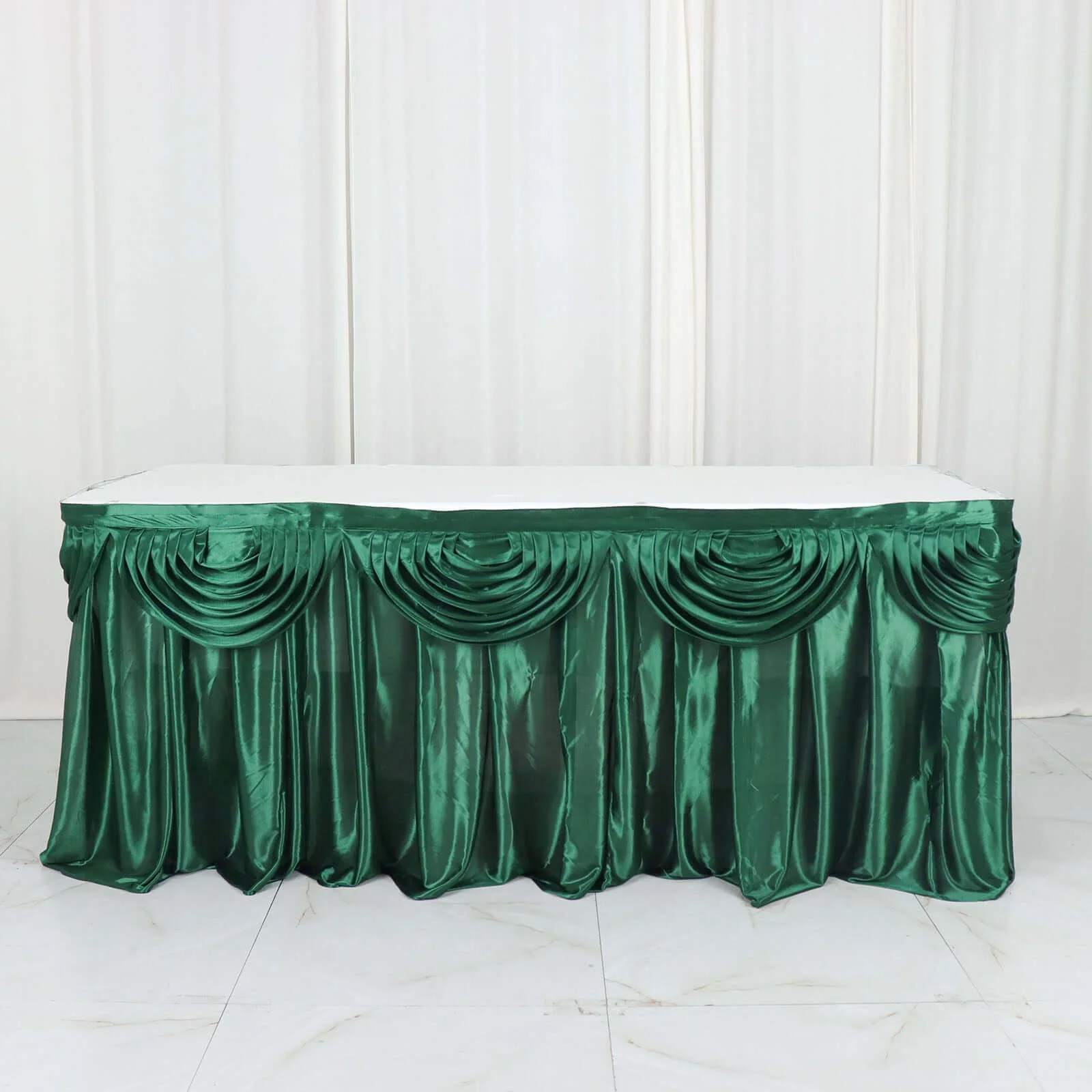 Satin Table Skirt 14ft Hunter Emerald Green - Pleated Double Drape Table Cover