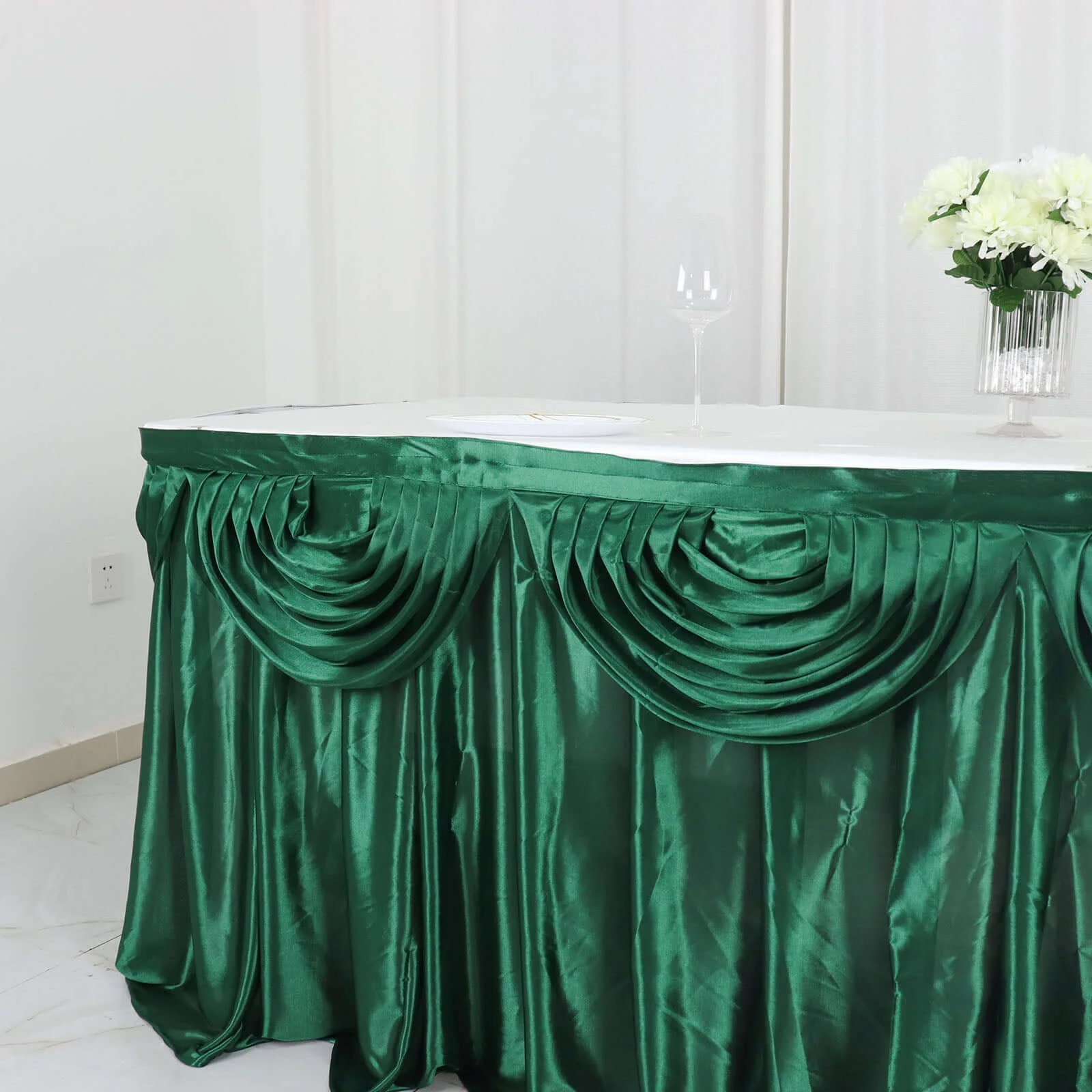 Satin Table Skirt 14ft Hunter Emerald Green - Pleated Double Drape Table Cover - Image 2