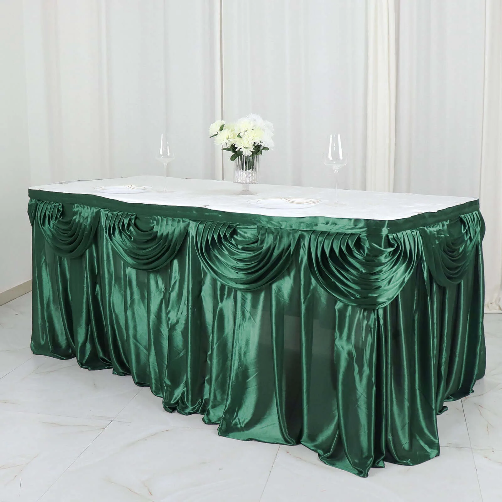 Satin Table Skirt 14ft Hunter Emerald Green - Pleated Double Drape Table Cover - Image 5