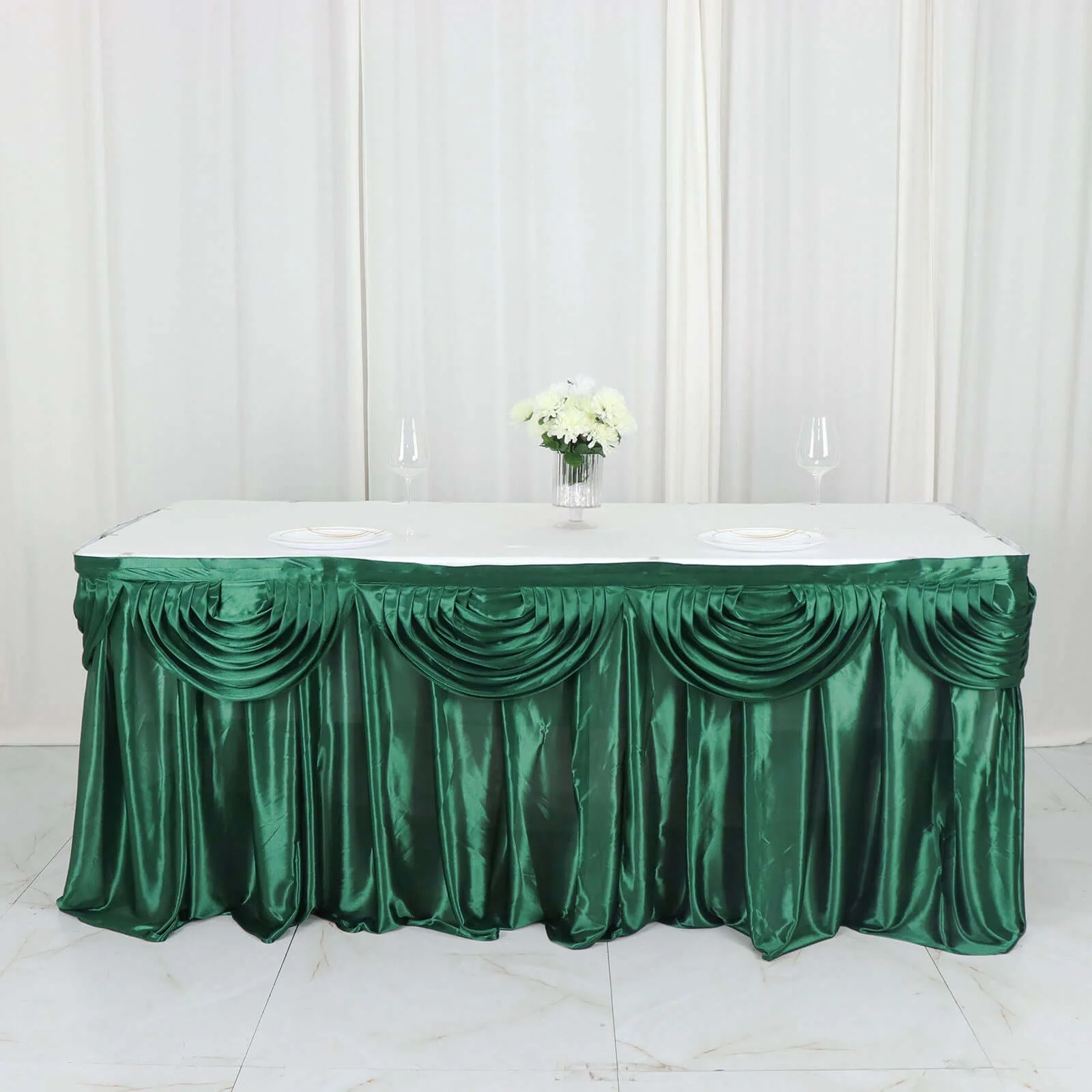Satin Table Skirt 14ft Hunter Emerald Green - Pleated Double Drape Table Cover - Image 6