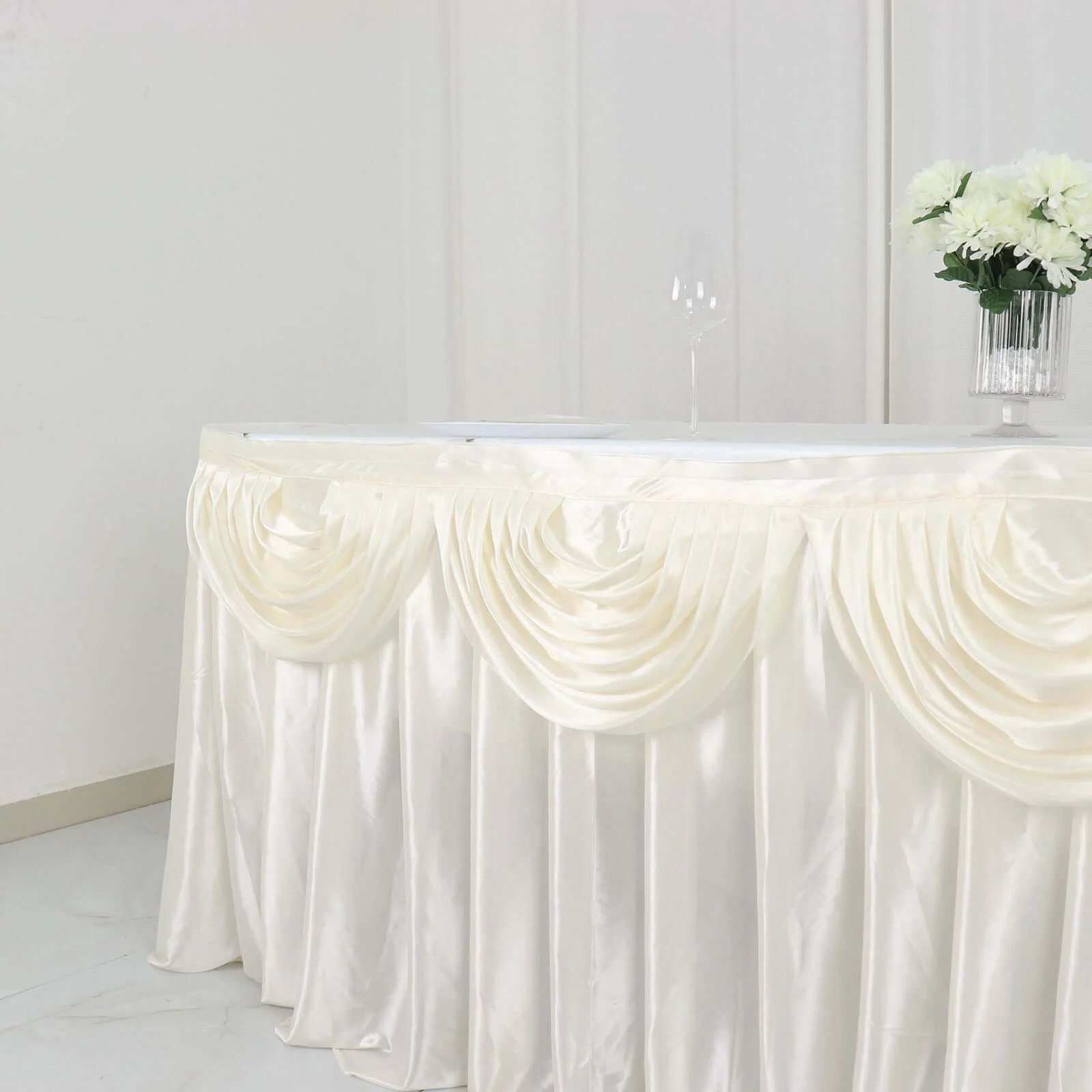 Satin Table Skirt 14ft Ivory - Pleated Double Drape Table Cover - Image 2