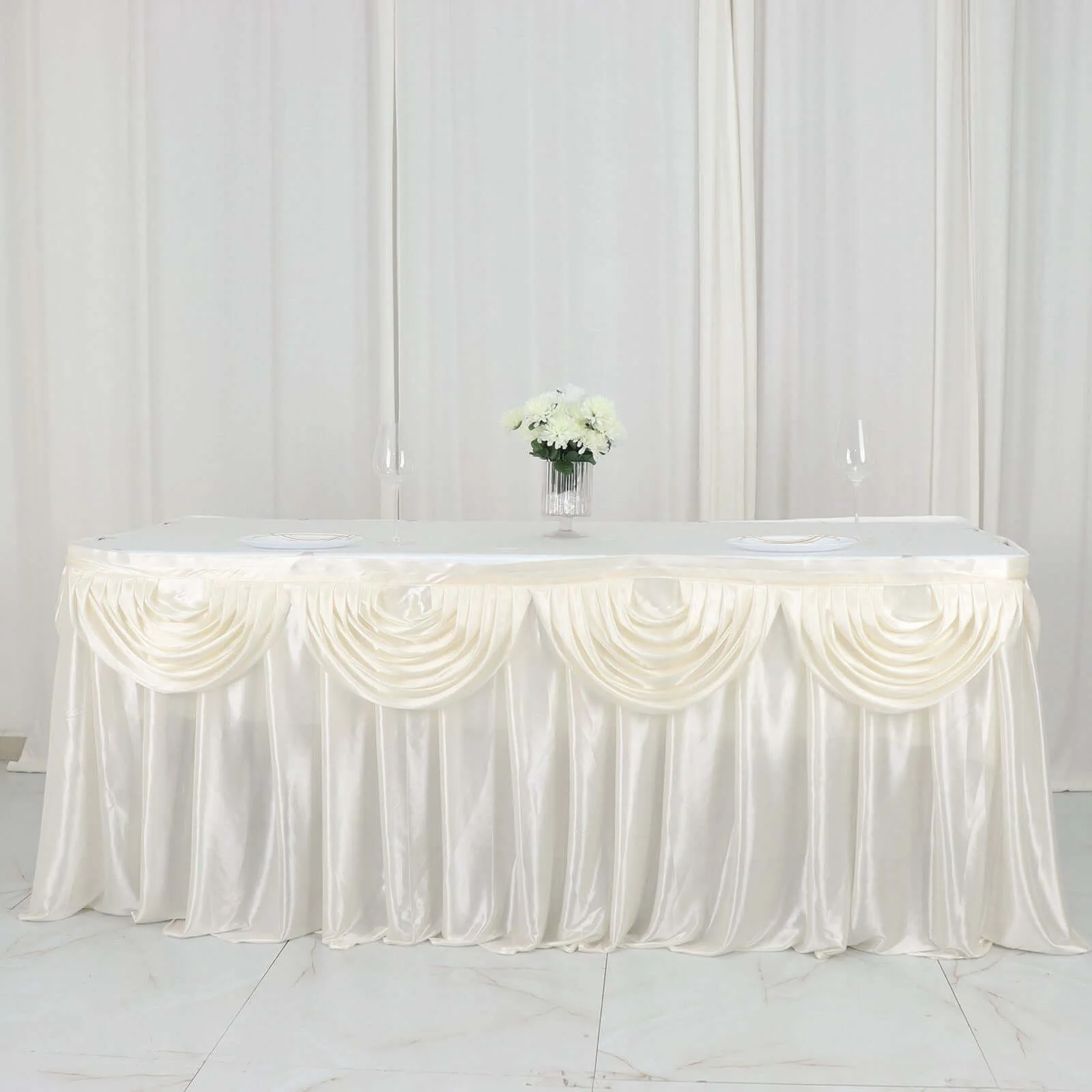 Satin Table Skirt 14ft Ivory - Pleated Double Drape Table Cover - Image 5