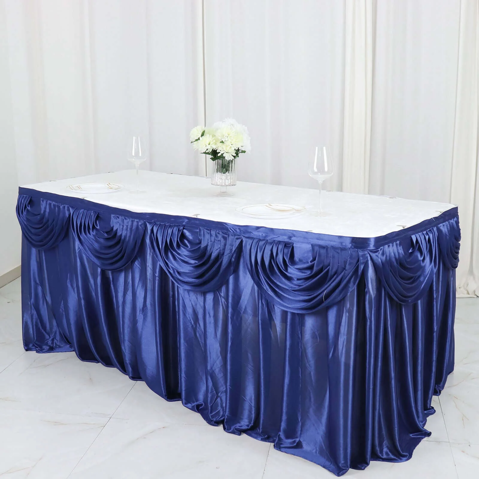 Satin Table Skirt 14ft Navy Blue - Pleated Double Drape Table Cover - Image 5