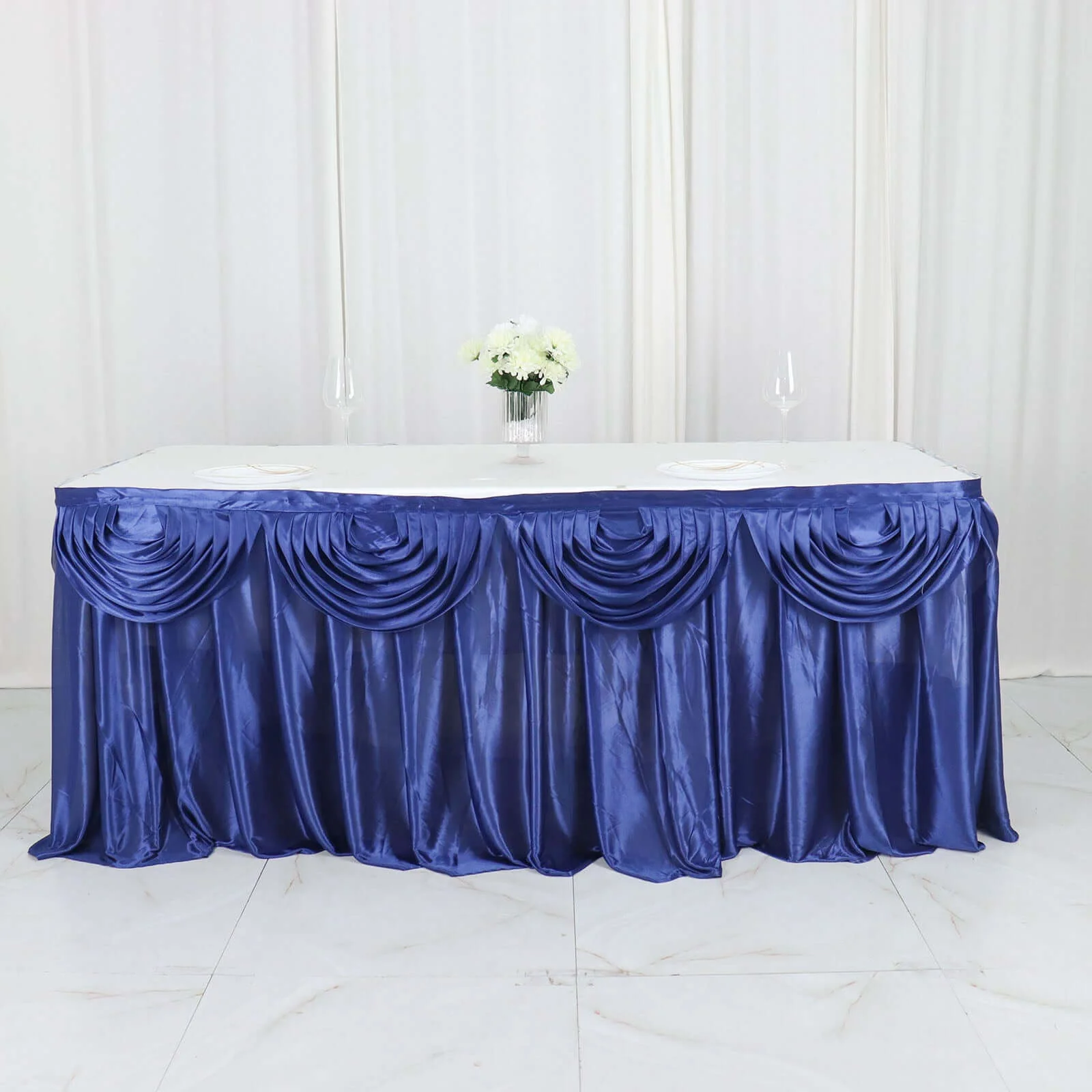 Satin Table Skirt 14ft Navy Blue - Pleated Double Drape Table Cover - Image 6