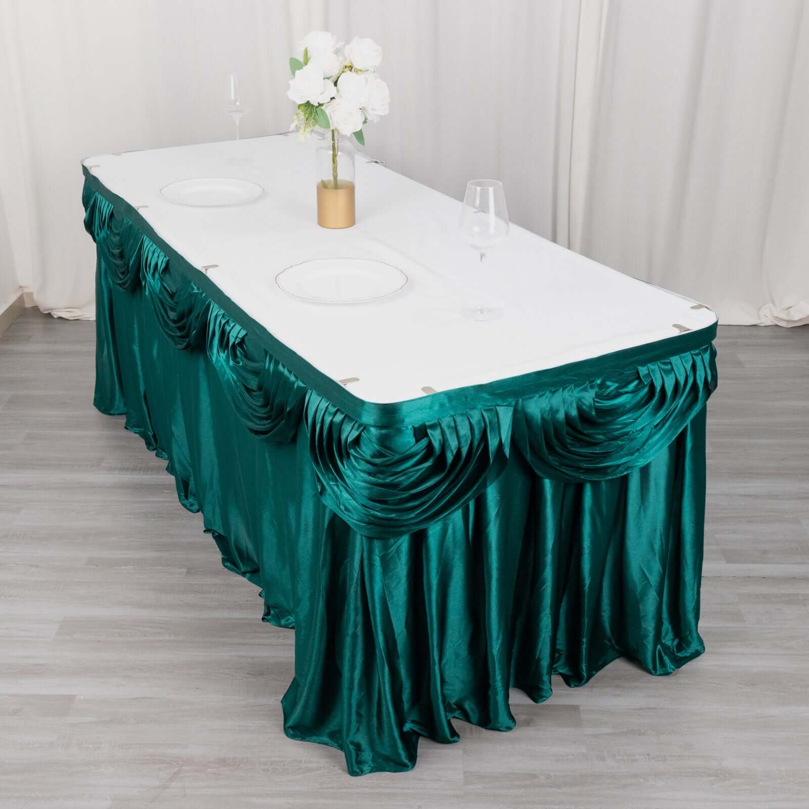 Satin Table Skirt 14ft Peacock Teal - Pleated Double Drape Table Cover