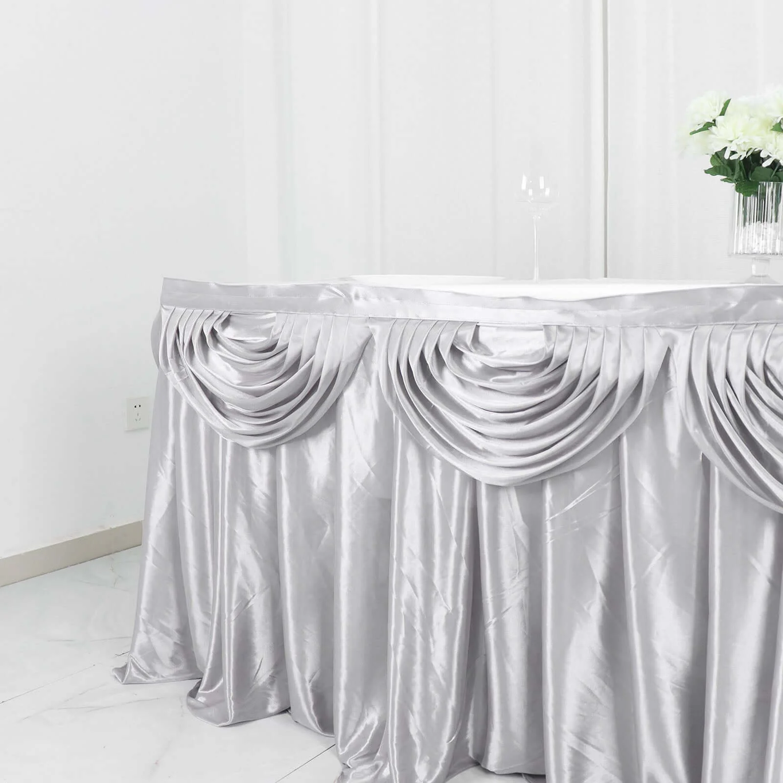 Satin Table Skirt 14ft Silver - Pleated Double Drape Table Cover - Image 2