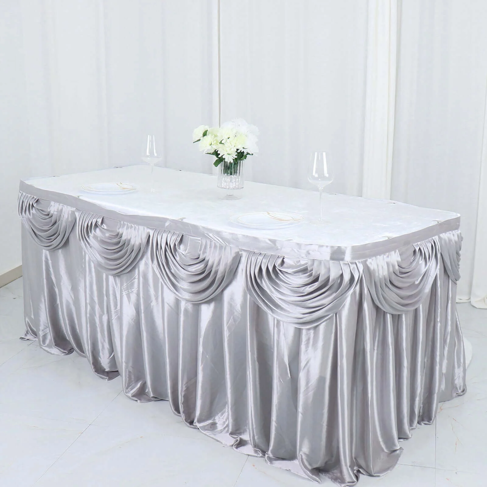 Satin Table Skirt 14ft Silver - Pleated Double Drape Table Cover - Image 5