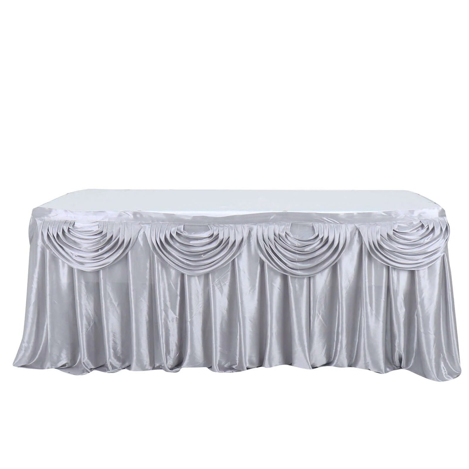 Satin Table Skirt 14ft Silver - Pleated Double Drape Table Cover - Image 6