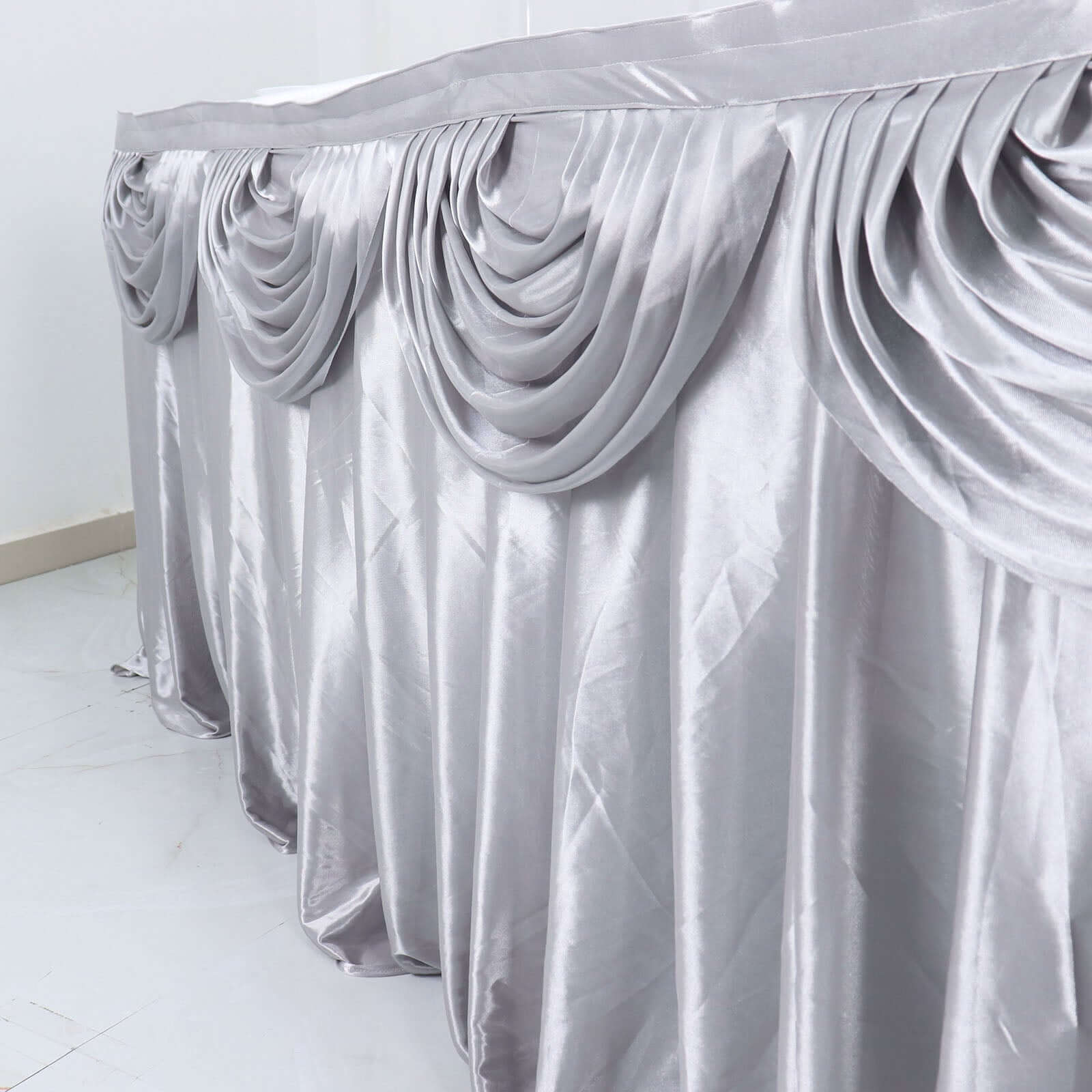 Satin Table Skirt 14ft Silver - Pleated Double Drape Table Cover - Image 7