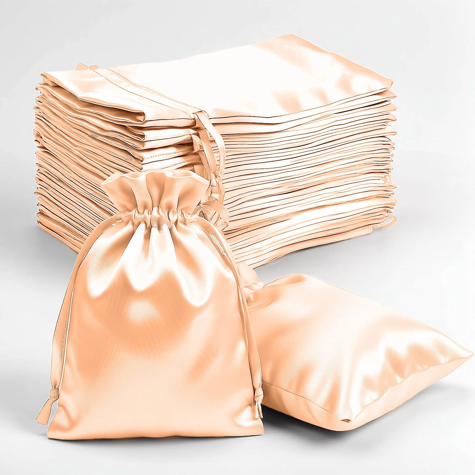 60 Pack Peach Satin Wedding Party Favor Bags, Drawstring Pouch Gift Bags 4"x6"