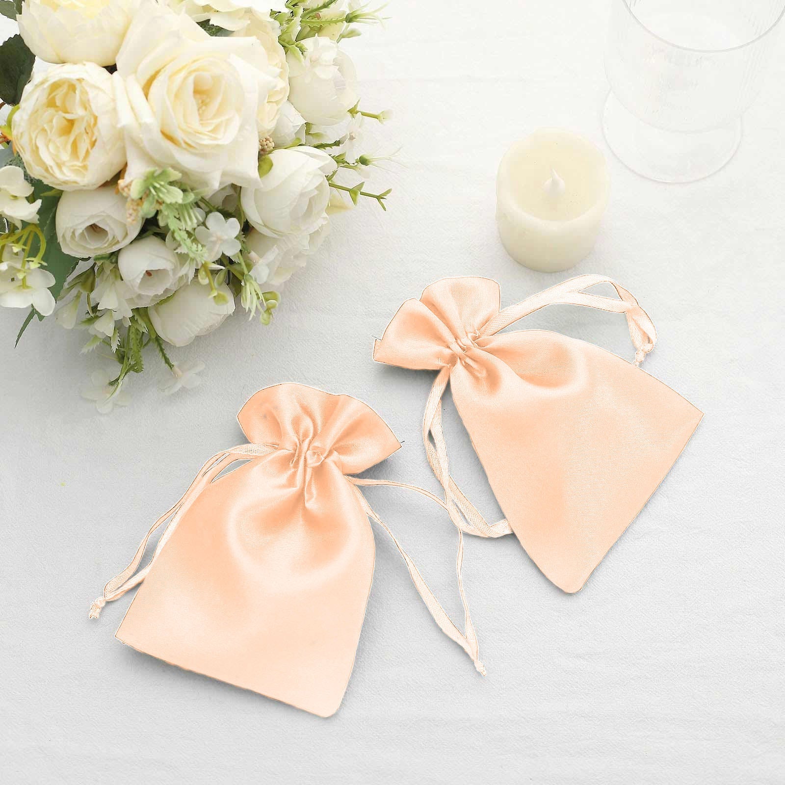 60 Pack Peach Satin Wedding Party Favor Bags, Drawstring Pouch Gift Bags 4"x6" - Image 7