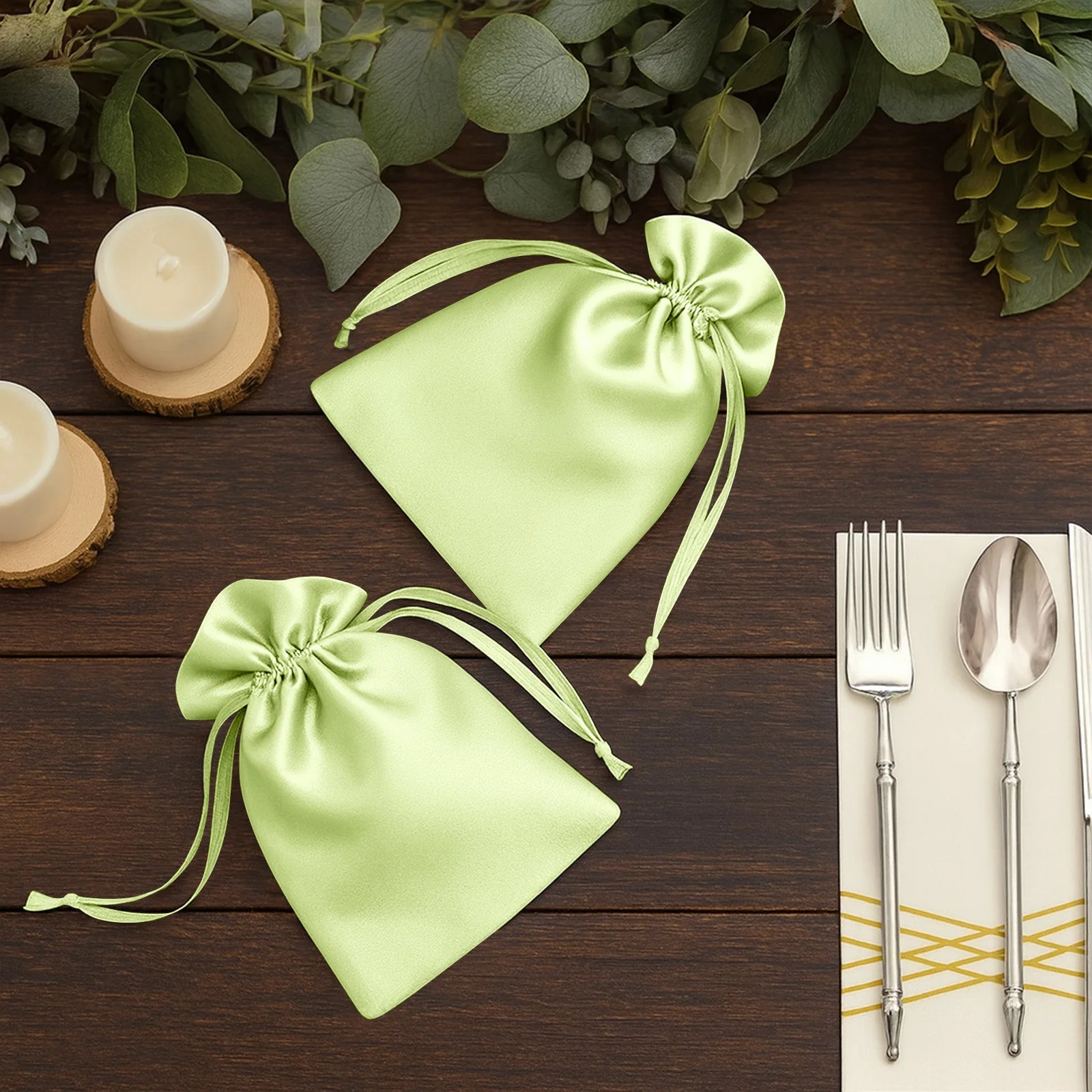 60 Pack Apple Green Satin Drawstring Wedding Party Favor Gift Bags 5"x7" - Image 7