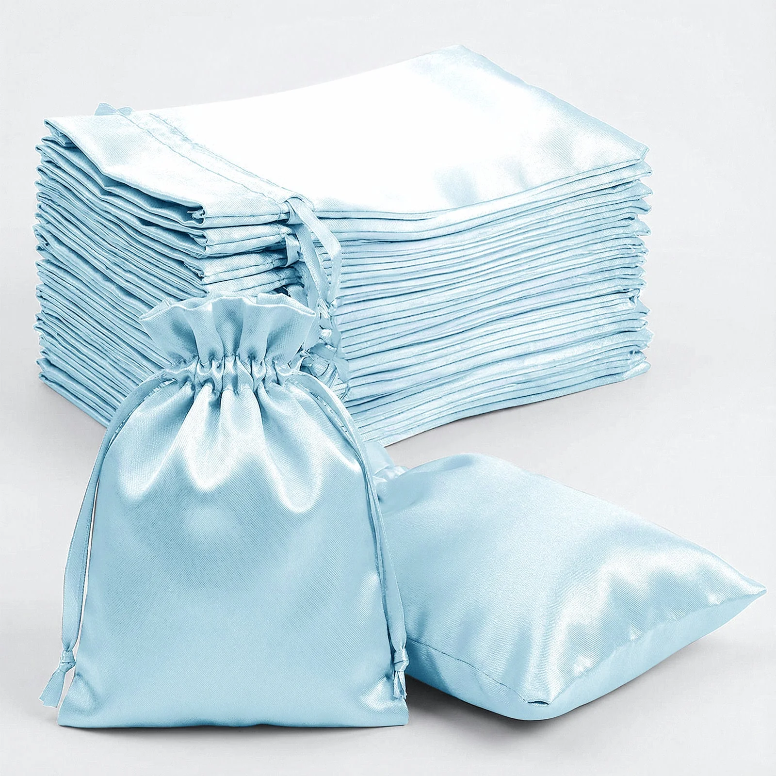 60 Pack Light Blue Satin Drawstring Wedding Party Favor Gift Bags 5"x7"