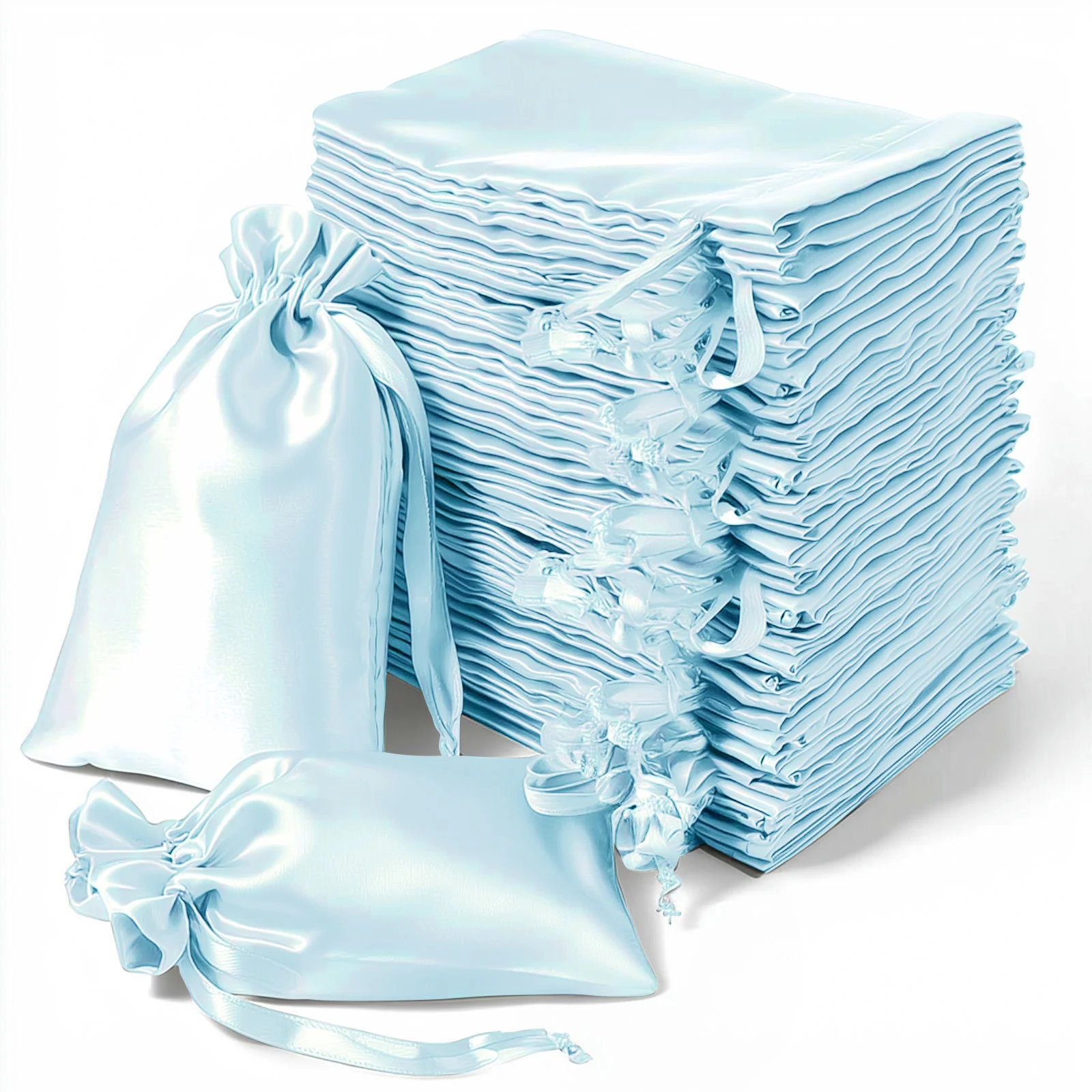 60 Pack Light Blue Satin Drawstring Wedding Party Favor Gift Bags 5"x7" - Image 4
