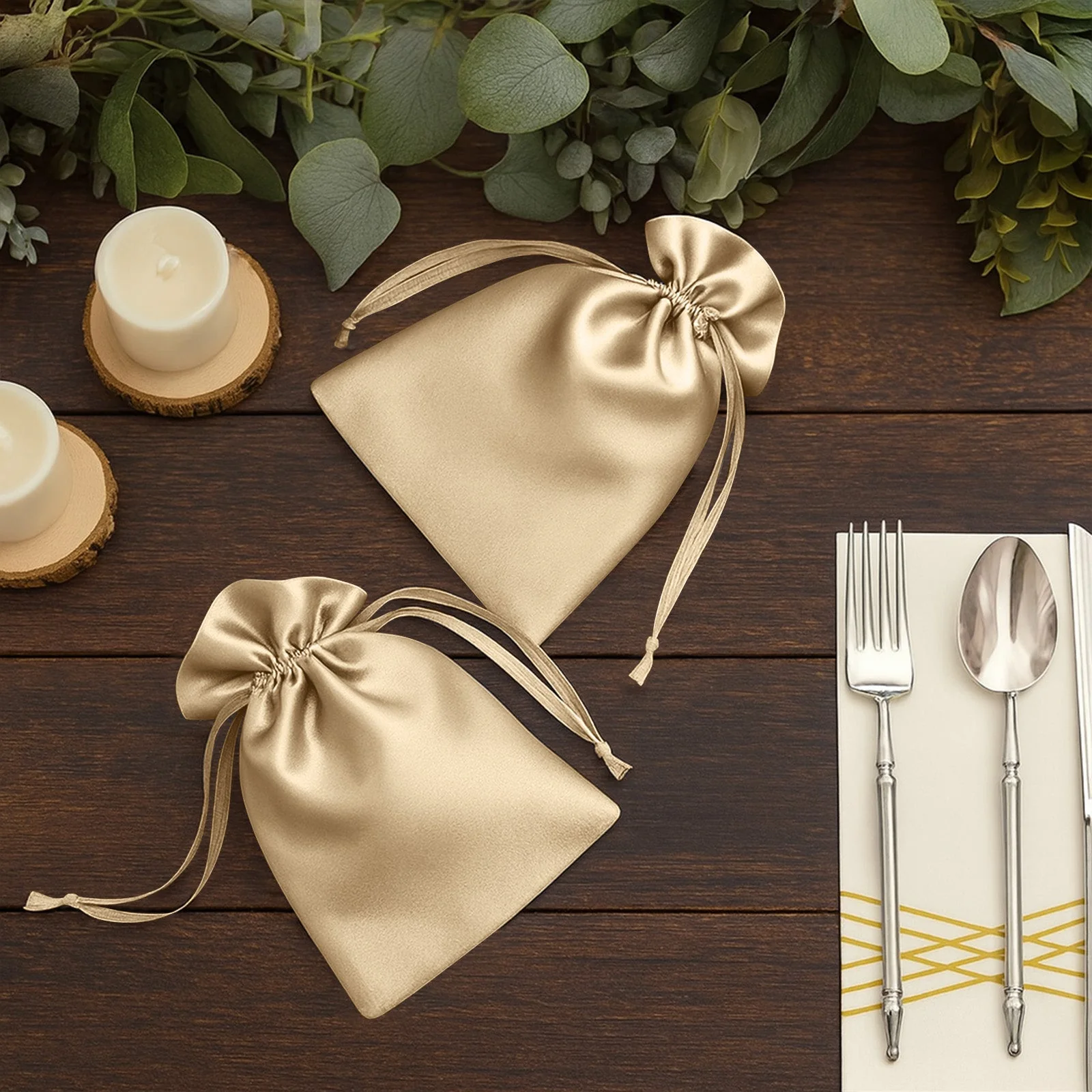 60 Pack Champagne Satin Drawstring Wedding Party Favor Gift Bags 5"x7" - Image 14
