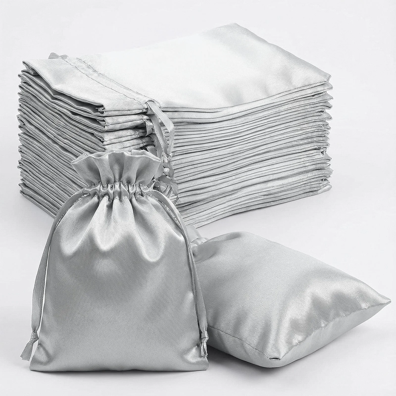 60 Pack Silver Satin Drawstring Wedding Party Favor Gift Bags 5"x7"
