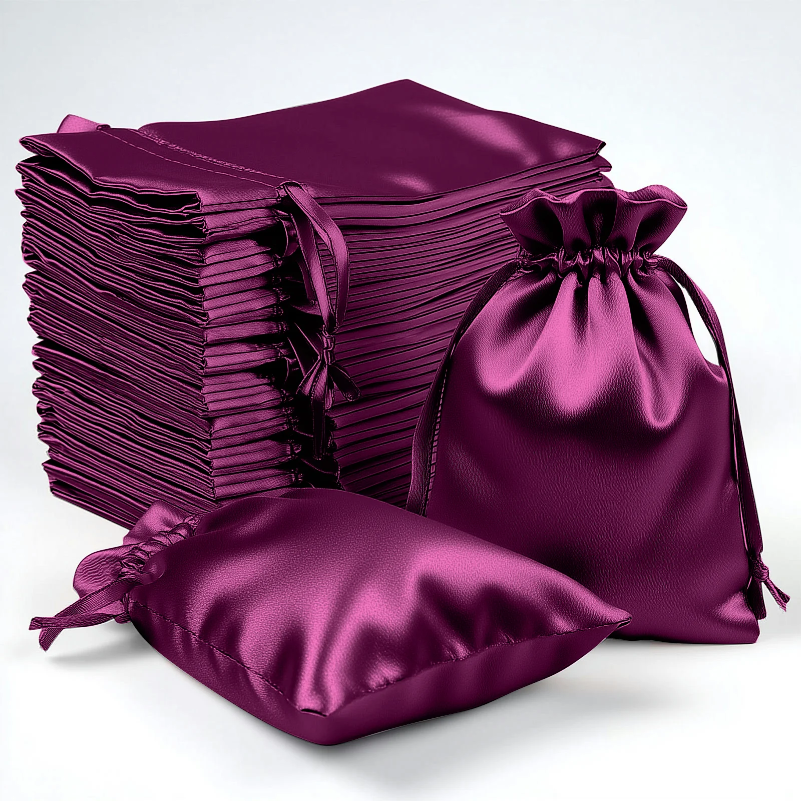 60 Pack Eggplant Satin Wedding Party Favor Bags, Drawstring Pouch Gift Bags 4"x6" - Image 6