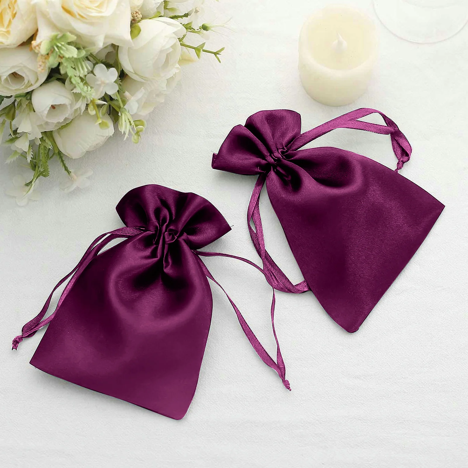 60 Pack Eggplant Satin Wedding Party Favor Bags, Drawstring Pouch Gift Bags 4"x6" - Image 8