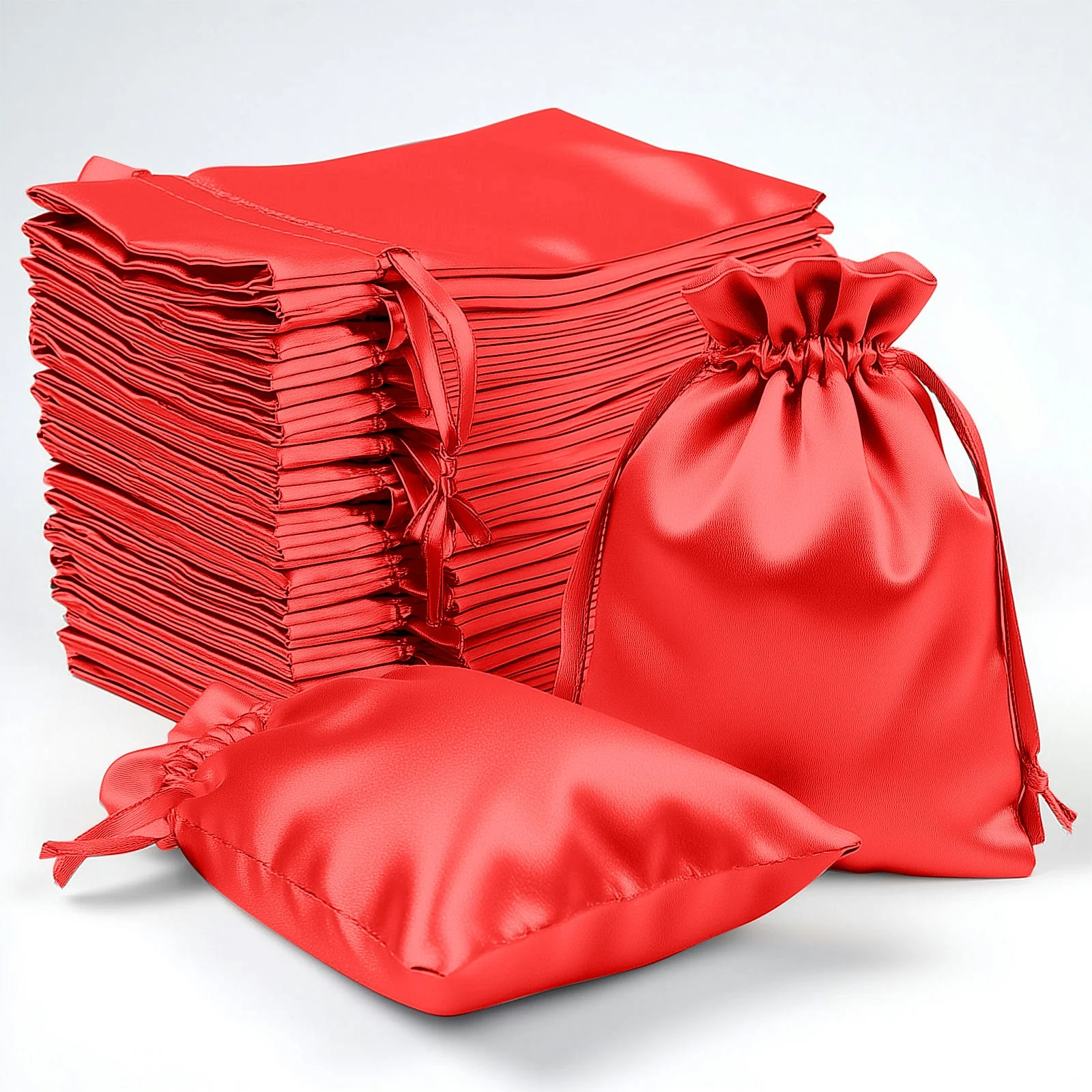60 Pack Red Satin Wedding Party Favor Bags, Drawstring Pouch Gift Bags 4"x6" - Image 6