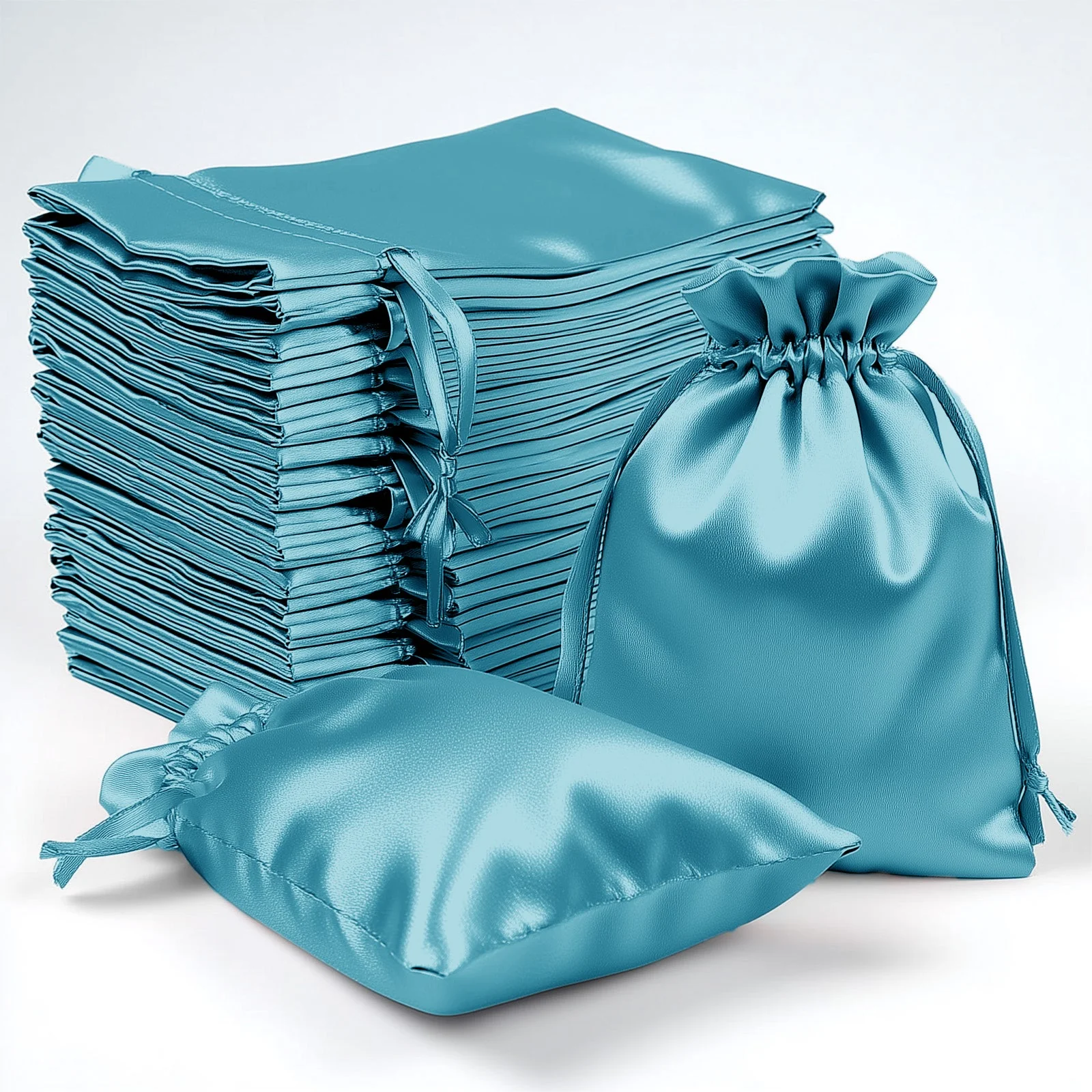 60 Pack Turquoise Satin Wedding Party Favor Bags, Drawstring Pouch Gift Bags 4"x6" - Image 6