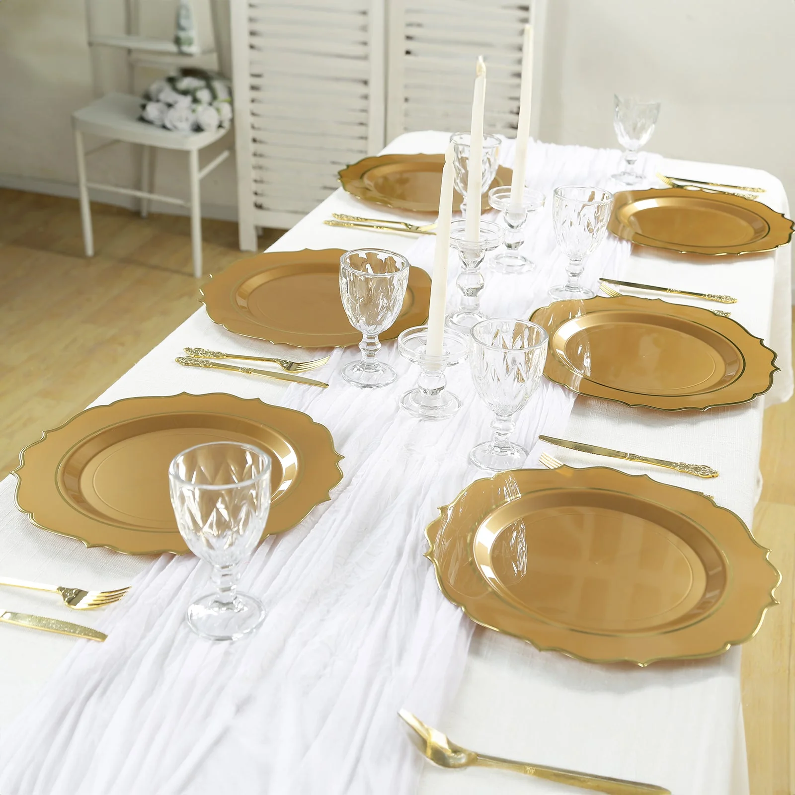 10-Pack Economy Plastic Charger Plates 13" Round Gold with Scalloped Rim - Decorative Dinner Party Serving Plates - Image 5
