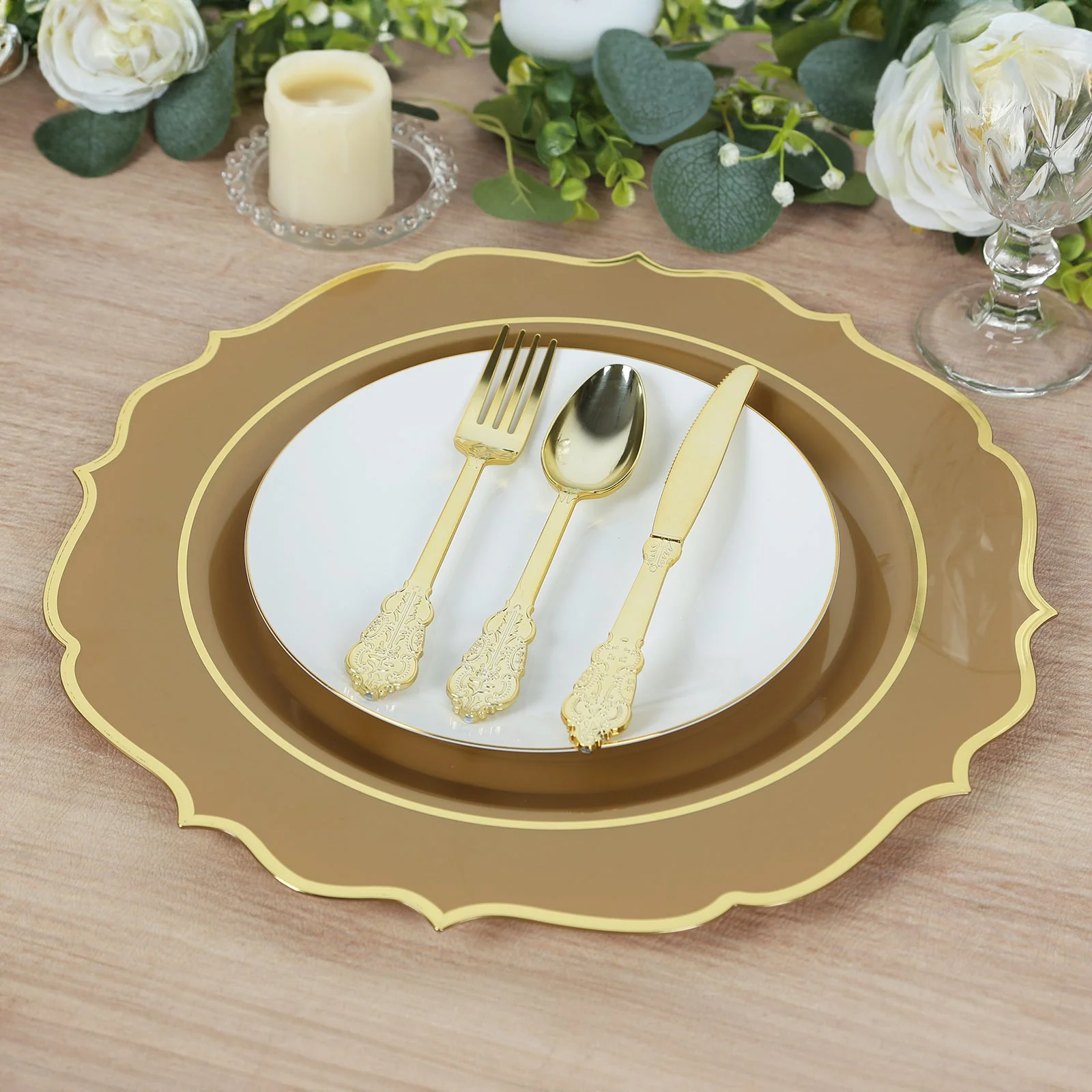 10-Pack Economy Plastic Charger Plates 13" Round Gold with Scalloped Rim - Decorative Dinner Party Serving Plates - Image 7