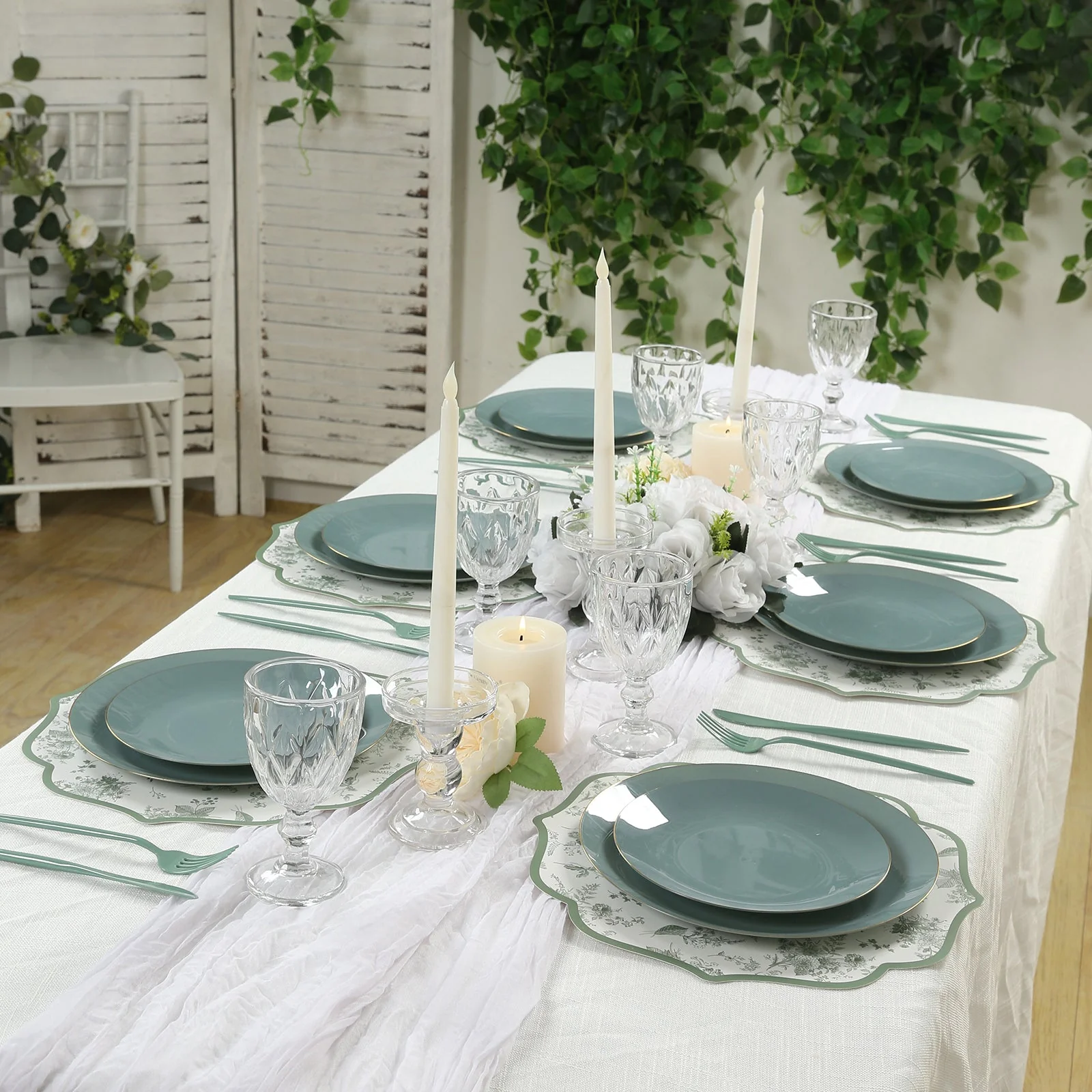 10-Pack Disposable Table Placemats 13" White with Sage Green French Toile Pattern & Scalloped Rim - 400GSM Cardboard Placemats for Classy Events - Image 2