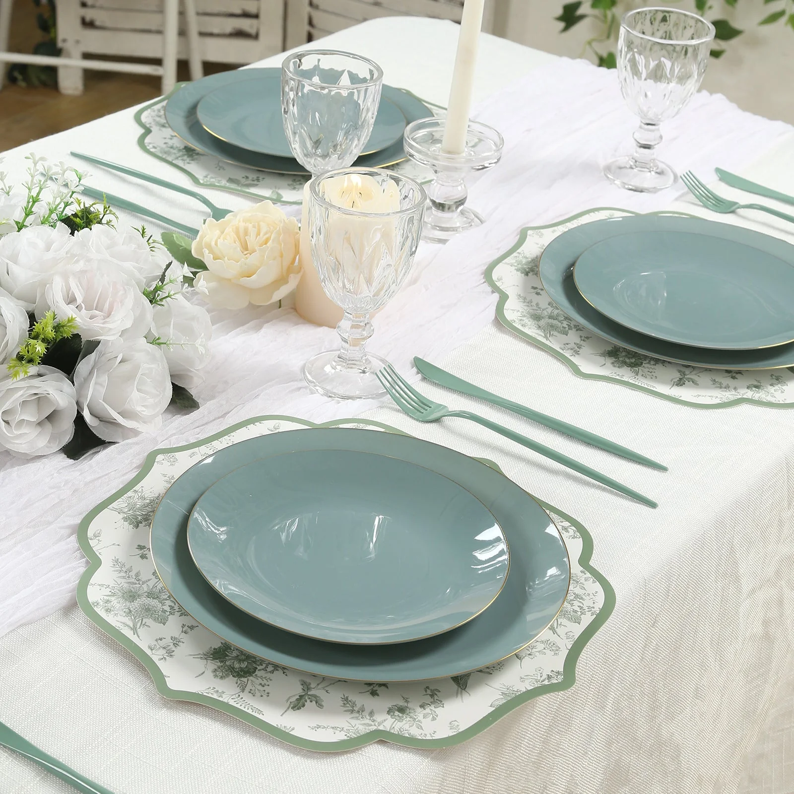 10-Pack Disposable Table Placemats 13" White with Sage Green French Toile Pattern & Scalloped Rim - 400GSM Cardboard Placemats for Classy Events - Image 4