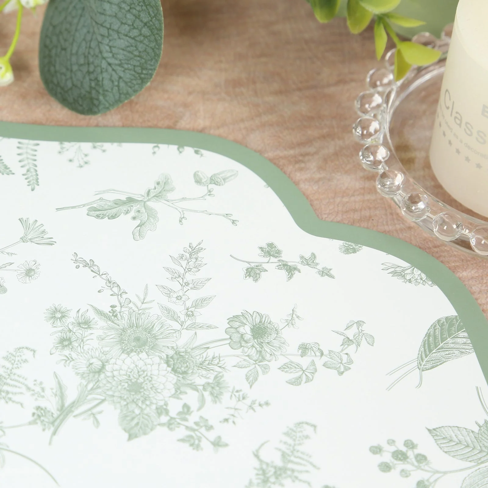 10-Pack Disposable Table Placemats 13" White with Sage Green French Toile Pattern & Scalloped Rim - 400GSM Cardboard Placemats for Classy Events - Image 5
