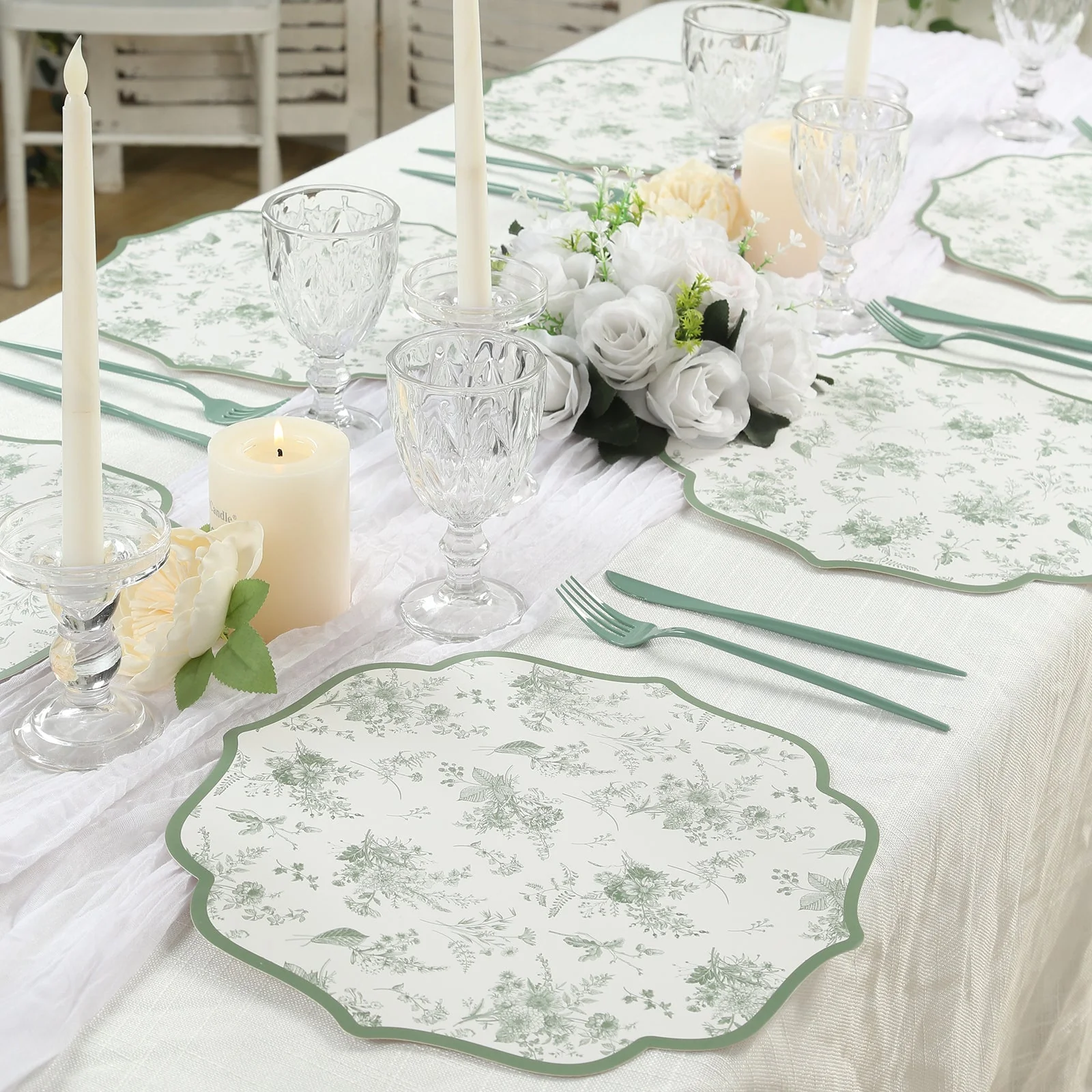 10-Pack Disposable Table Placemats 13" White with Sage Green French Toile Pattern & Scalloped Rim - 400GSM Cardboard Placemats for Classy Events - Image 6