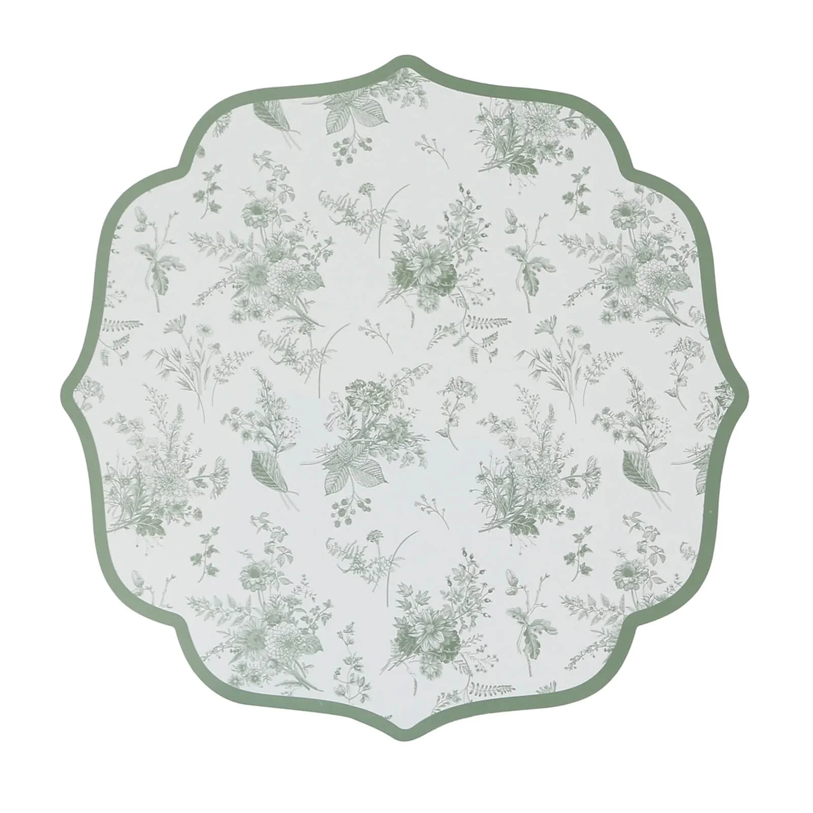 10-Pack Disposable Table Placemats 13" White with Sage Green French Toile Pattern & Scalloped Rim - 400GSM Cardboard Placemats for Classy Events - Image 7