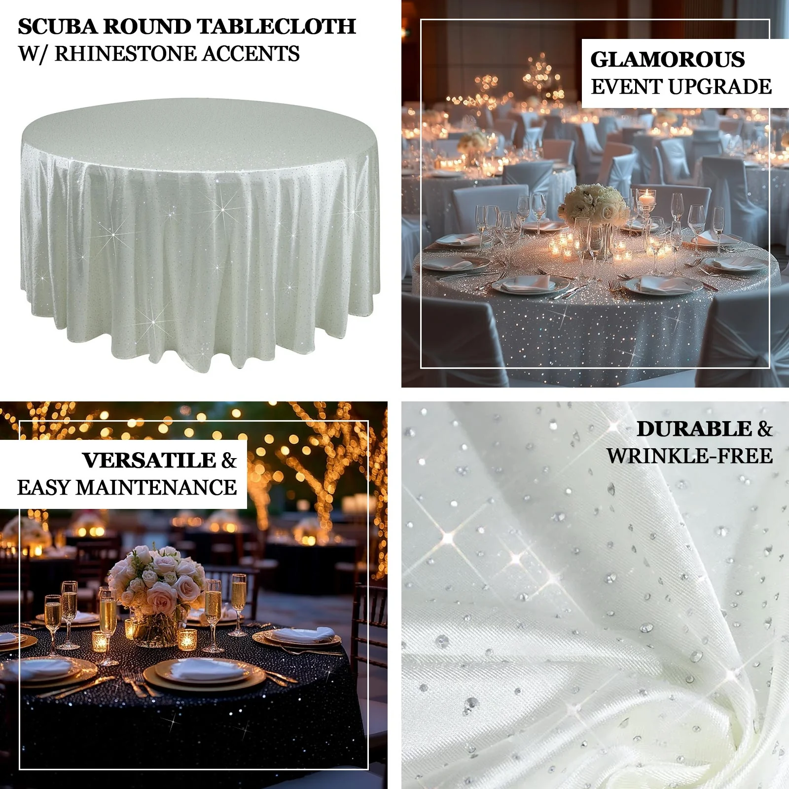 Scuba Round 120″ Black Tablecloth with Rhinestone Accents – Wrinkle-Free, Stain-Resistant & Seamless Luxury Event Cover - Image 3