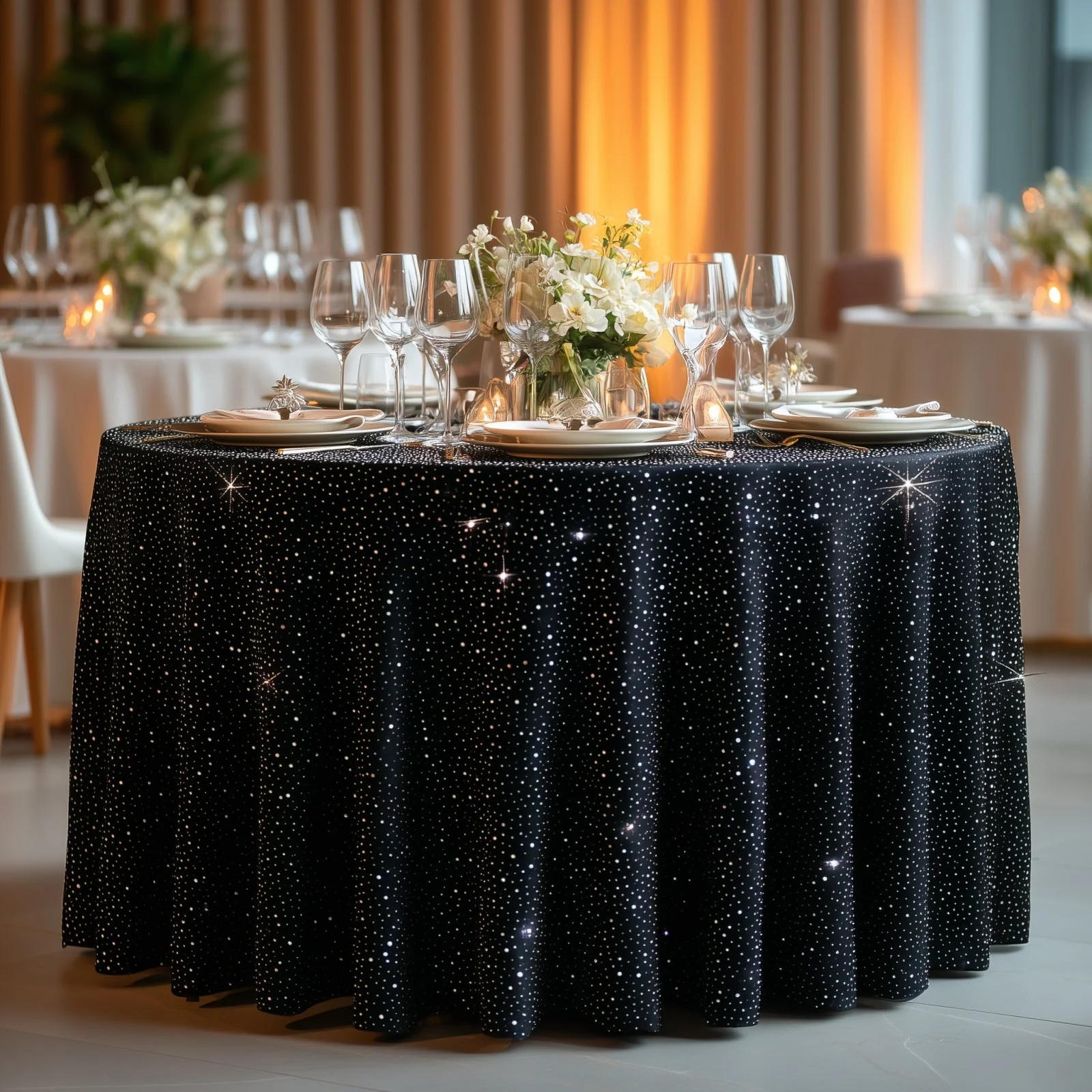 Scuba Round 120″ Black Tablecloth with Rhinestone Accents – Wrinkle-Free, Stain-Resistant & Seamless Luxury Event Cover - Image 5