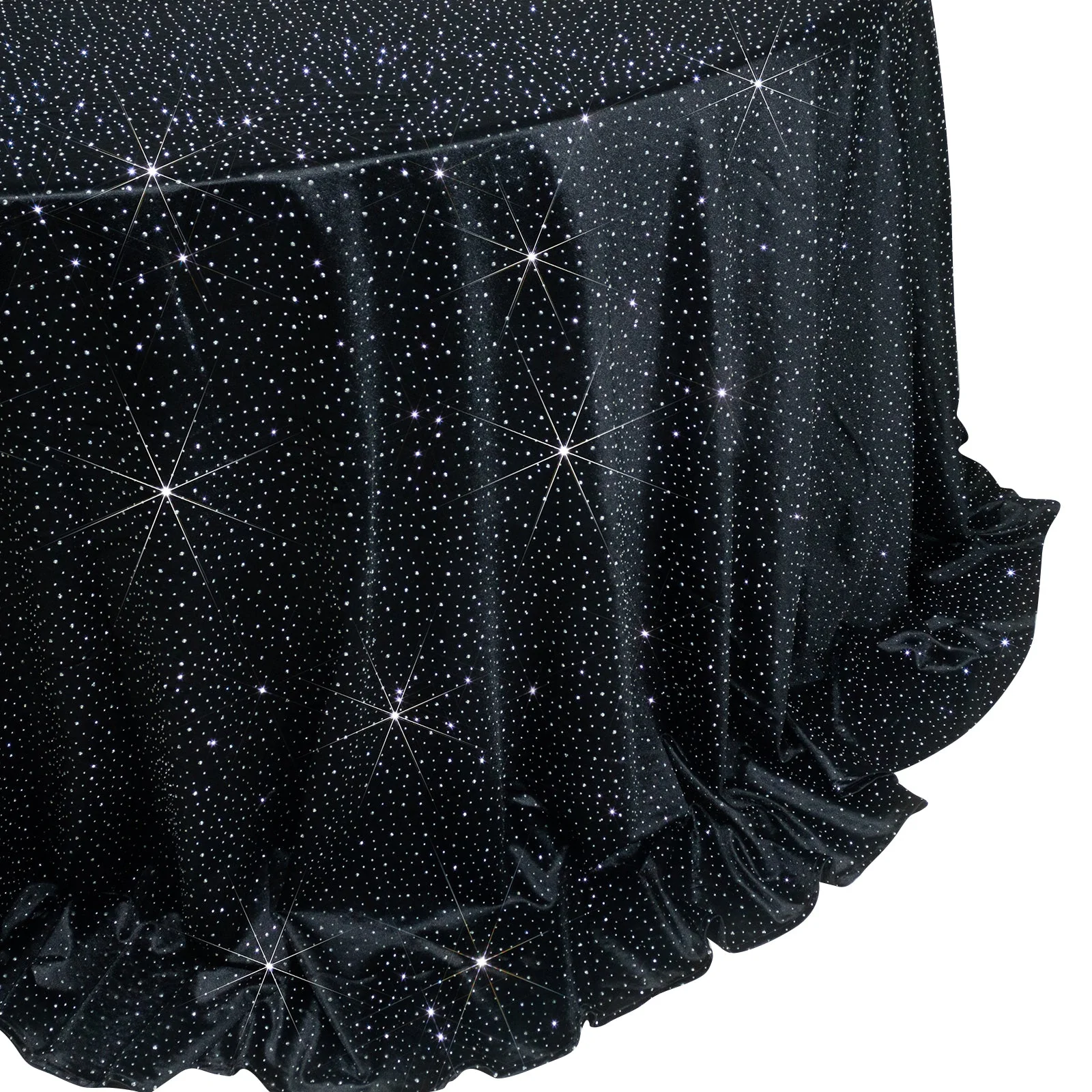 Scuba Round 132″ Black Tablecloth with Rhinestone Accents – Wrinkle-Free, Stain-Resistant & Seamless Luxury Event Cover