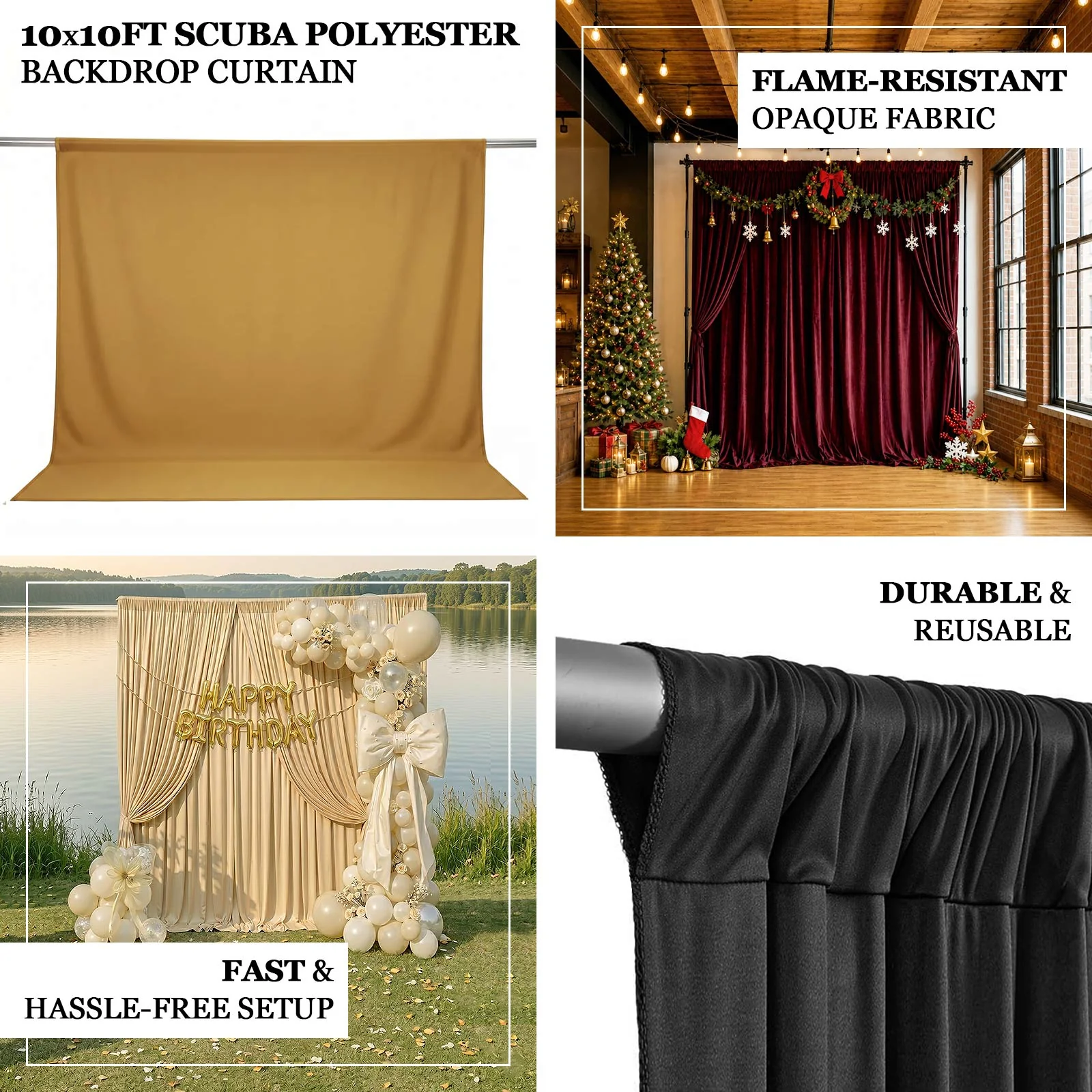 Scuba Polyester Backdrop Curtain Beige 10ftx10ft Durable Flame Resistant Wrinkle-Free Event Drape Panel With Rod Pocket - Image 4