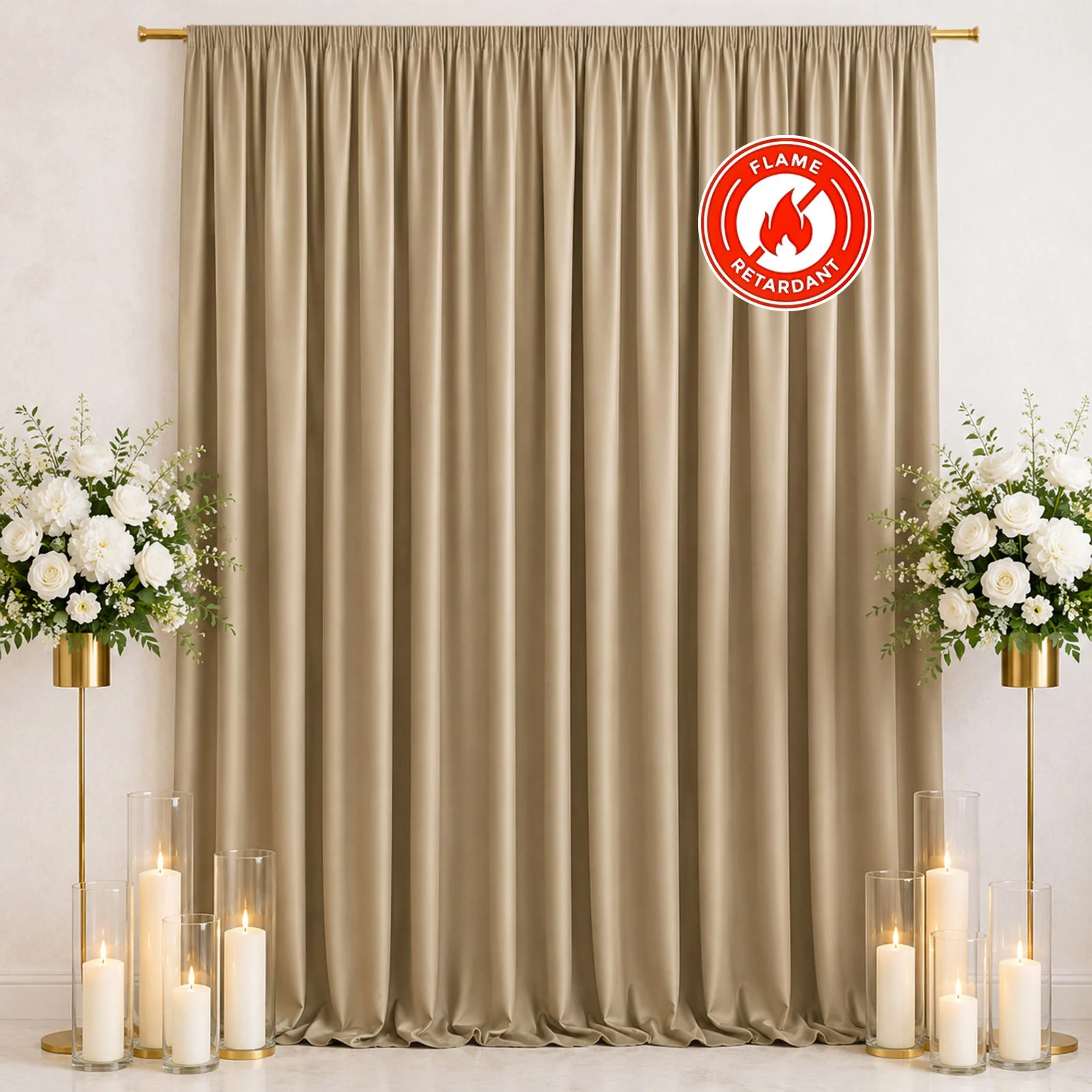 Scuba Polyester Backdrop Curtain Beige 10ftx12ft Durable Flame Resistant Wrinkle-Free Event Drape Panel With Rod Pocket