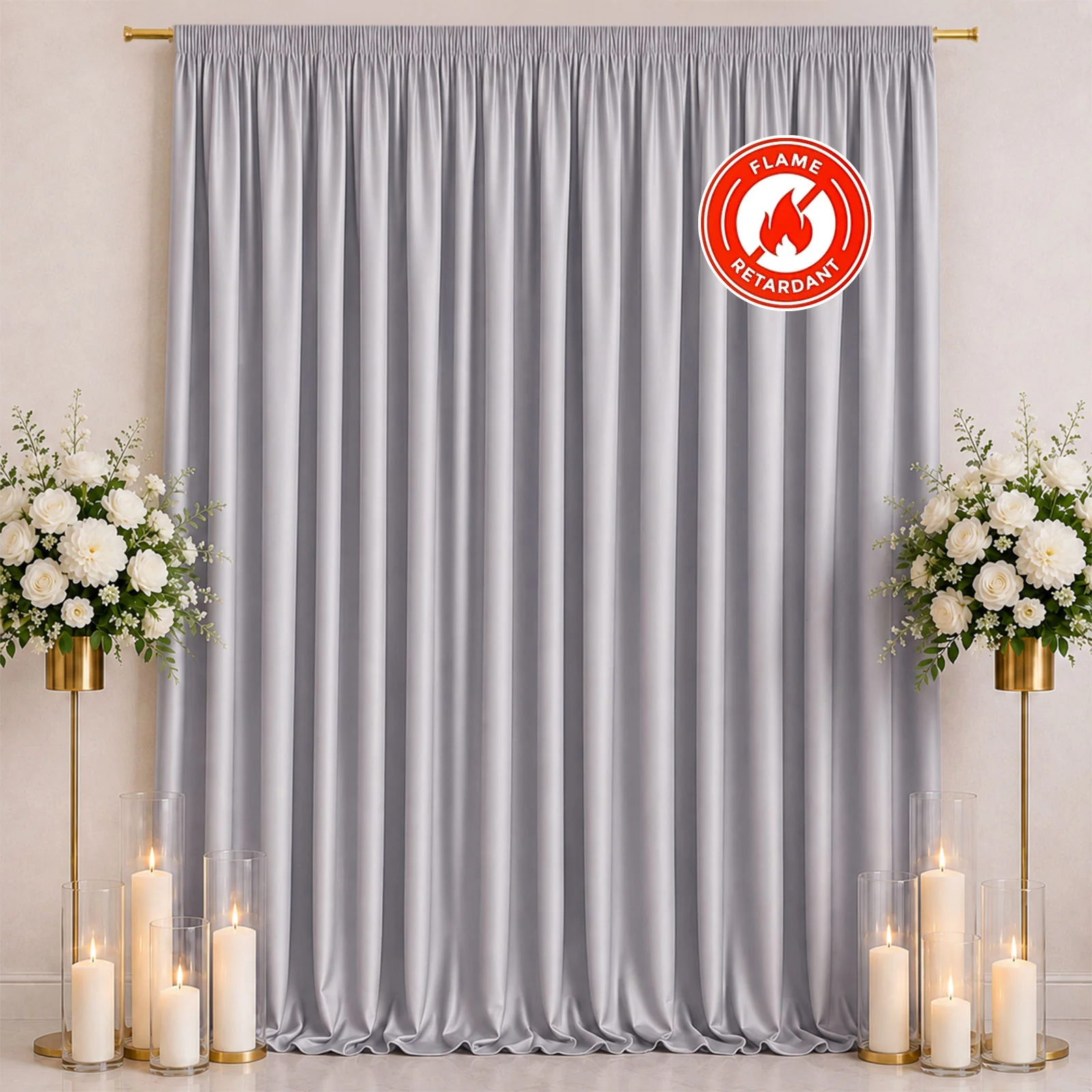 Scuba Polyester Backdrop Curtain Silver 10ftx12ft Durable Flame Resistant Wrinkle-Free Event Drape Panel With Rod Pocket