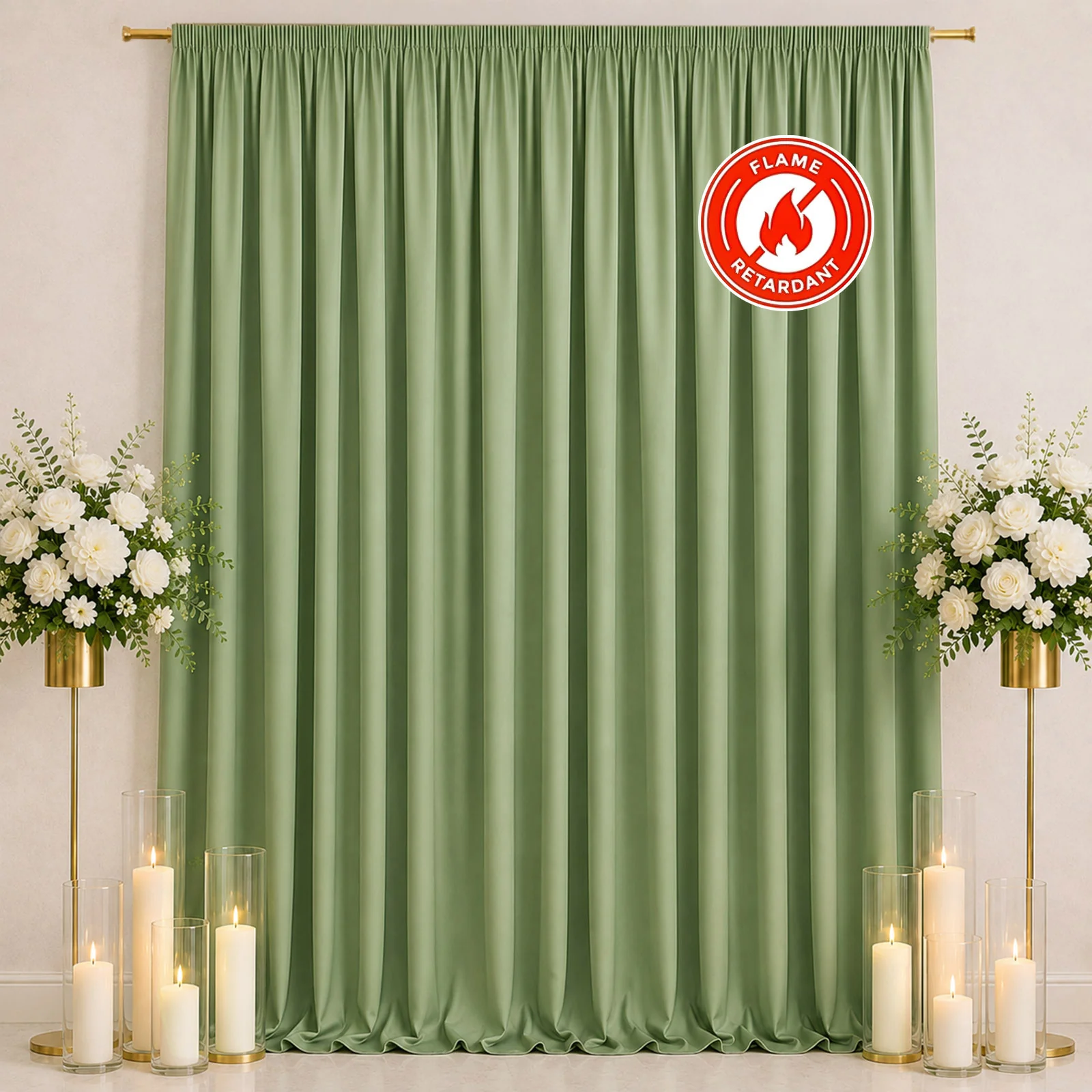 Scuba Polyester Backdrop Curtain Sage Green 10ftx12ft Durable Flame Resistant Wrinkle-Free Event Drape Panel With Rod Pocket