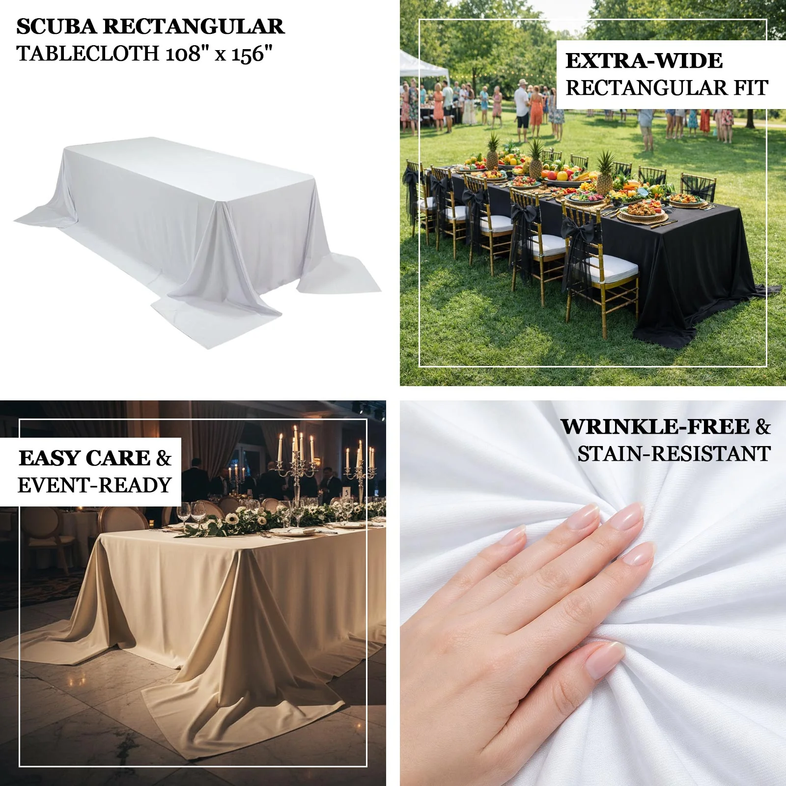 Scuba Rectangular King Tablecloth – White, 108" x 156" Extra-Wide, Wrinkle-Free & Stain-Resistant Banquet Linen for 8ft Tables - Image 4
