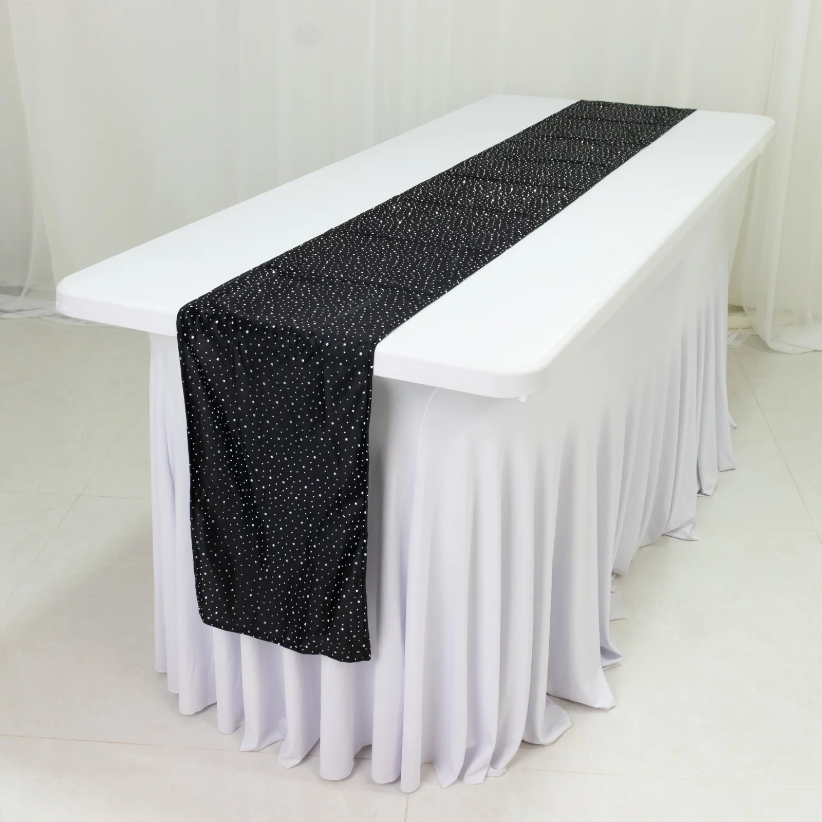 Scuba Table Runner with Rhinestone Accents - Black 12"x108" Wrinkle-Free Table Linen - Image 2