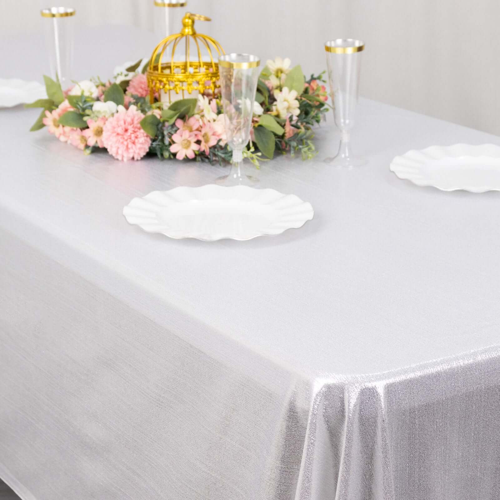 Sequin Dots Polyester Rectangle Tablecloth 60"x126" Silver Shimmer - Wrinkle Free & Sparkling Table Cover - Image 10