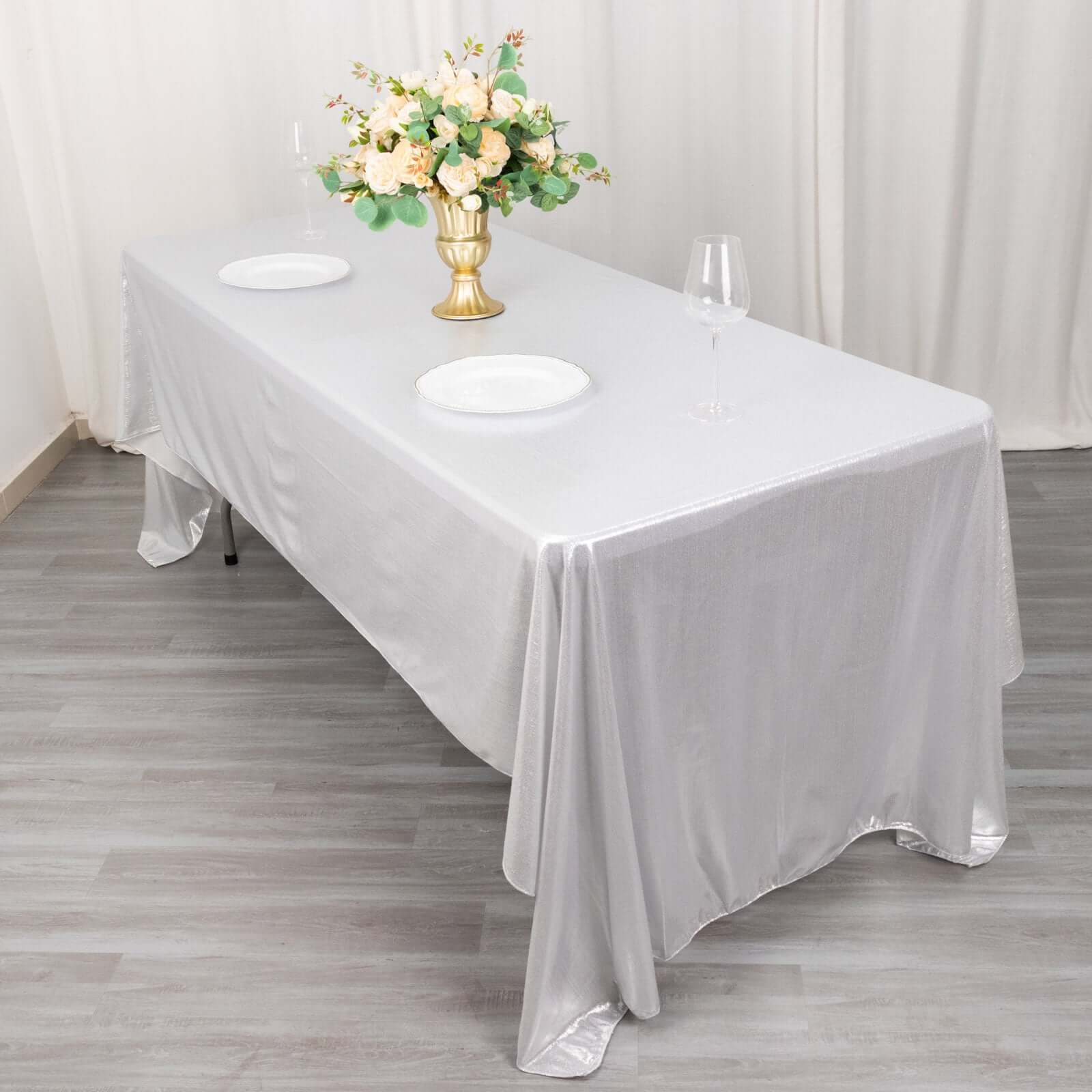 Sequin Dots Polyester Rectangle Tablecloth 60"x126" Silver Shimmer - Wrinkle Free & Sparkling Table Cover - Image 3