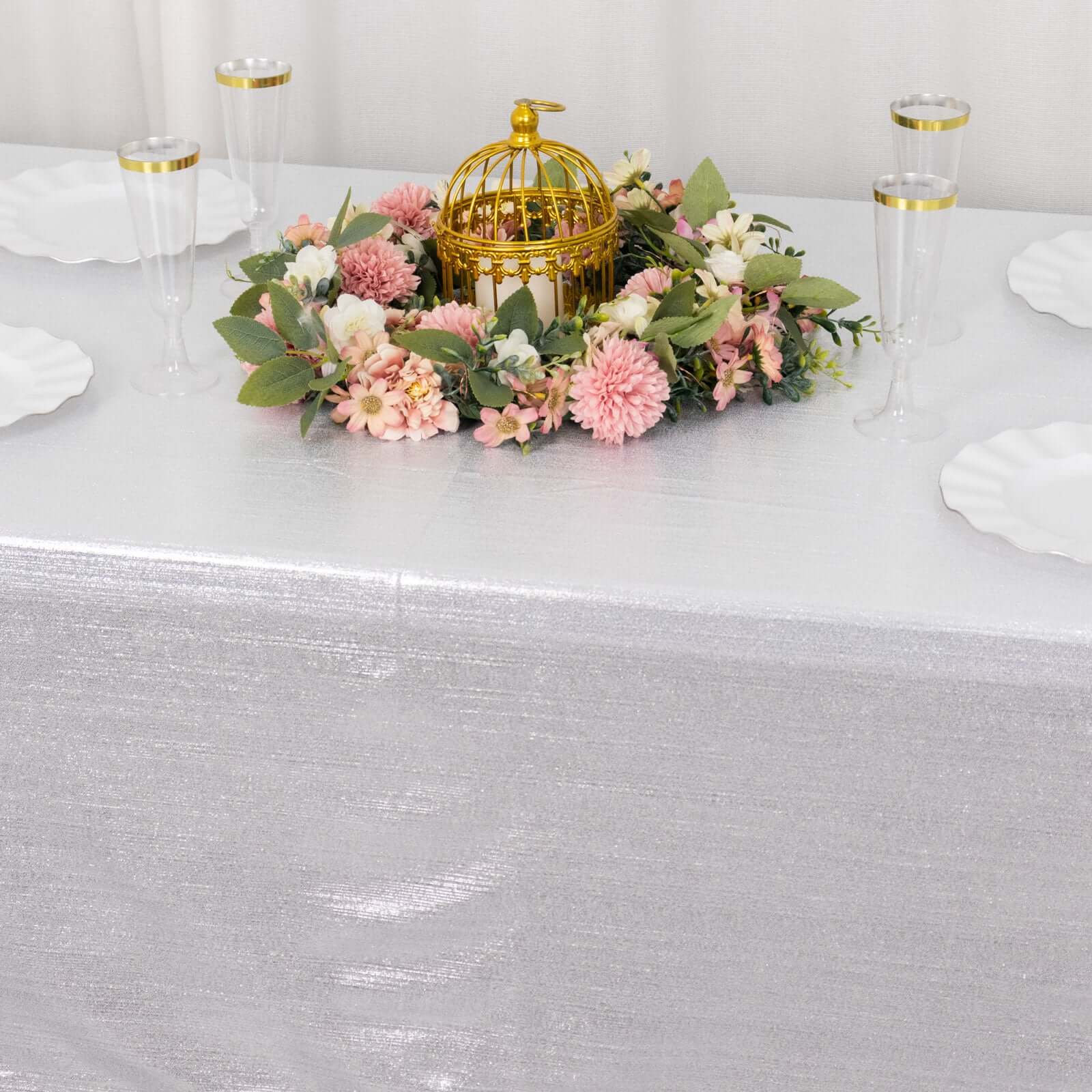 Sequin Dots Polyester Rectangle Tablecloth 60"x126" Silver Shimmer - Wrinkle Free & Sparkling Table Cover - Image 8
