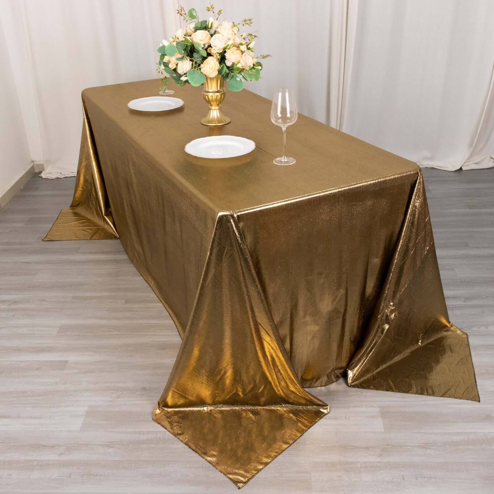 Sequin Dots Polyester Rectangle Tablecloth 90"x132" Antique Gold Shimmer - Seamless, Wrinkle Free & Glittering Table Cover - Image 3