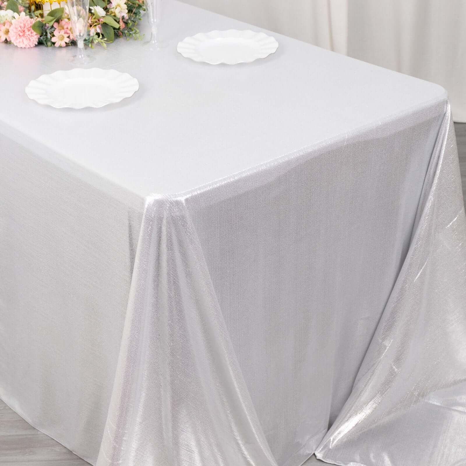 Sequin Dots Polyester Rectangle Tablecloth 90"x132" Silver Shimmer - Seamless, Wrinkle Free & Glittering Table Cover - Image 8