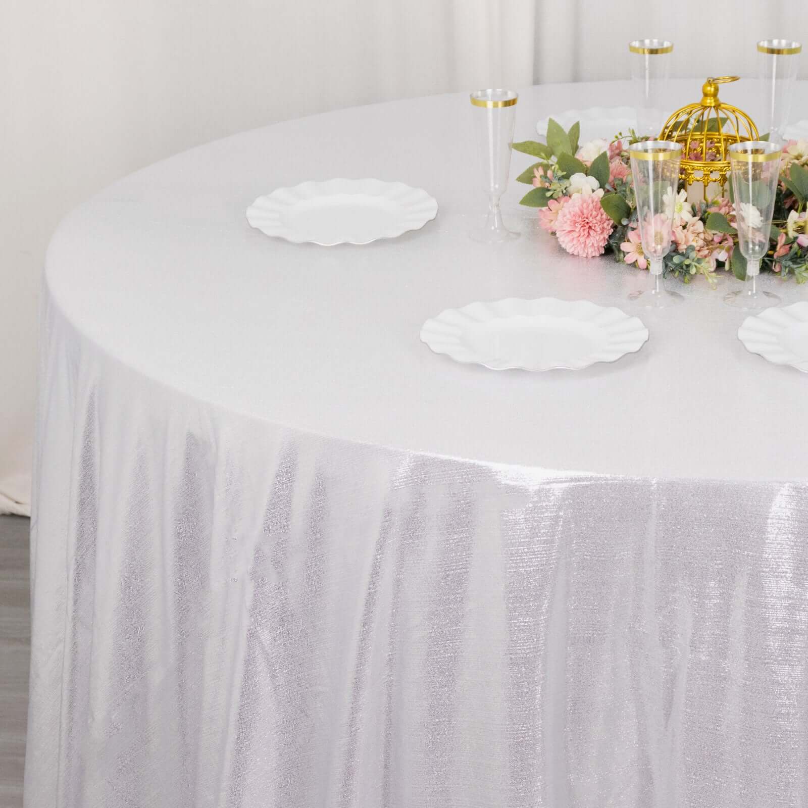 Sequin Dots Polyester Round Tablecloth 120" Silver Shimmer - Wrinkle Free & Sparkling Table Cover - Image 2