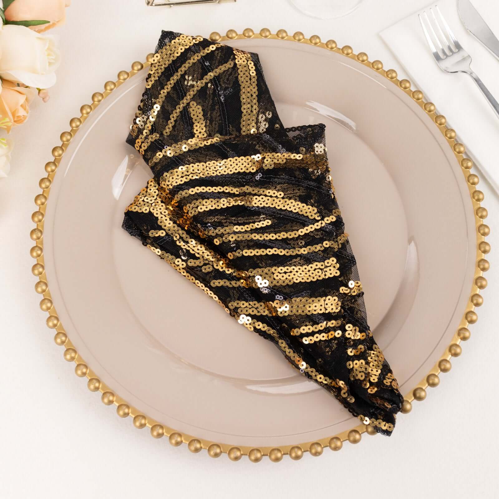Sequin Mesh Napkin 20"x20" Black Gold - Wave Embroidered Dinner Napkin - Image 2