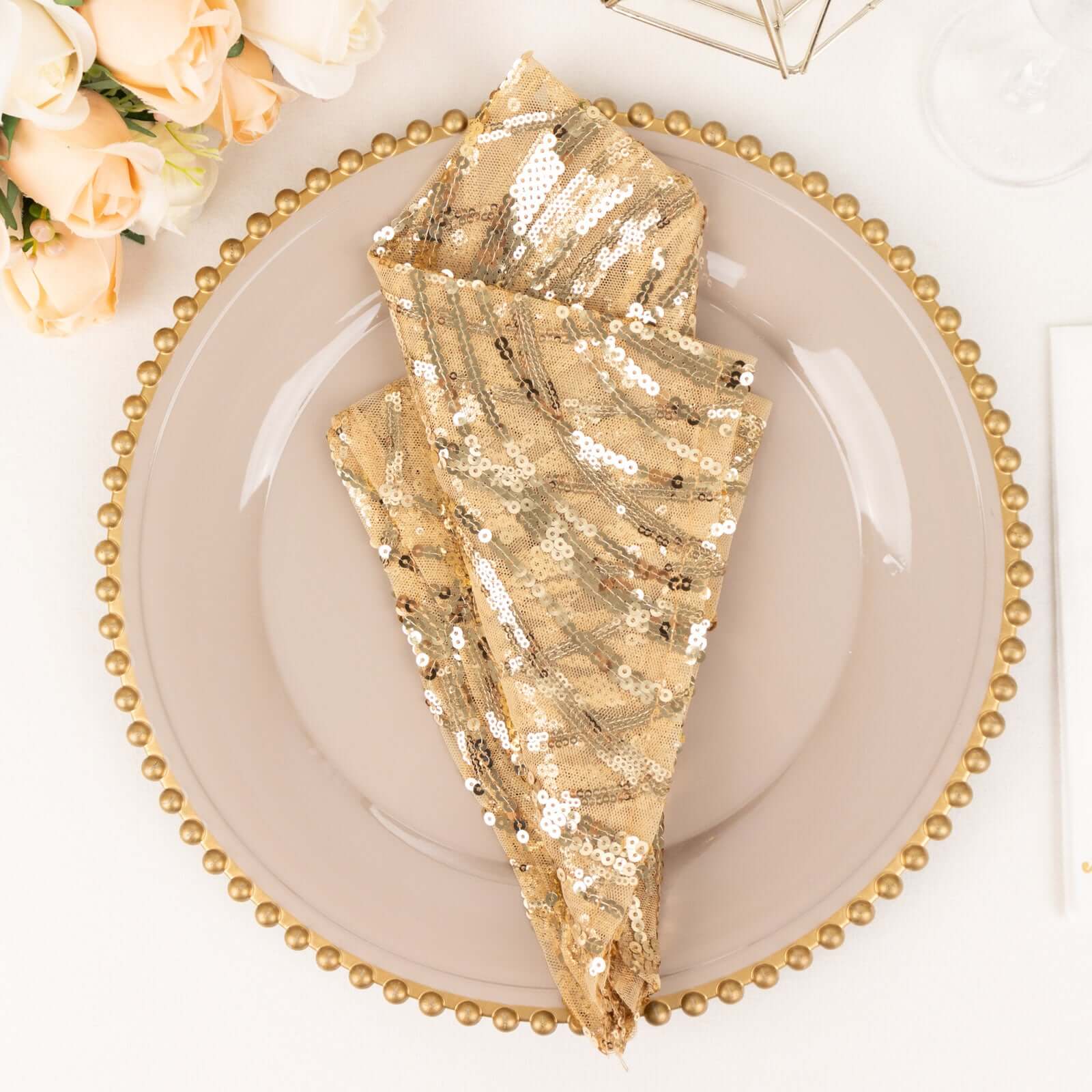 Sequin Mesh Napkin 20"x20" Champagne - Wave Embroidered Dinner Napkin - Image 11