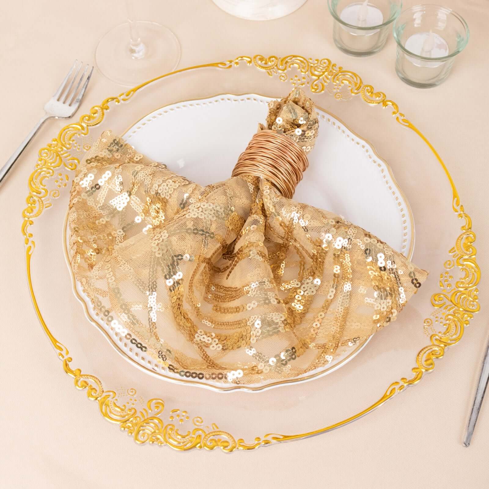 Sequin Mesh Napkin 20"x20" Champagne - Wave Embroidered Dinner Napkin - Image 13